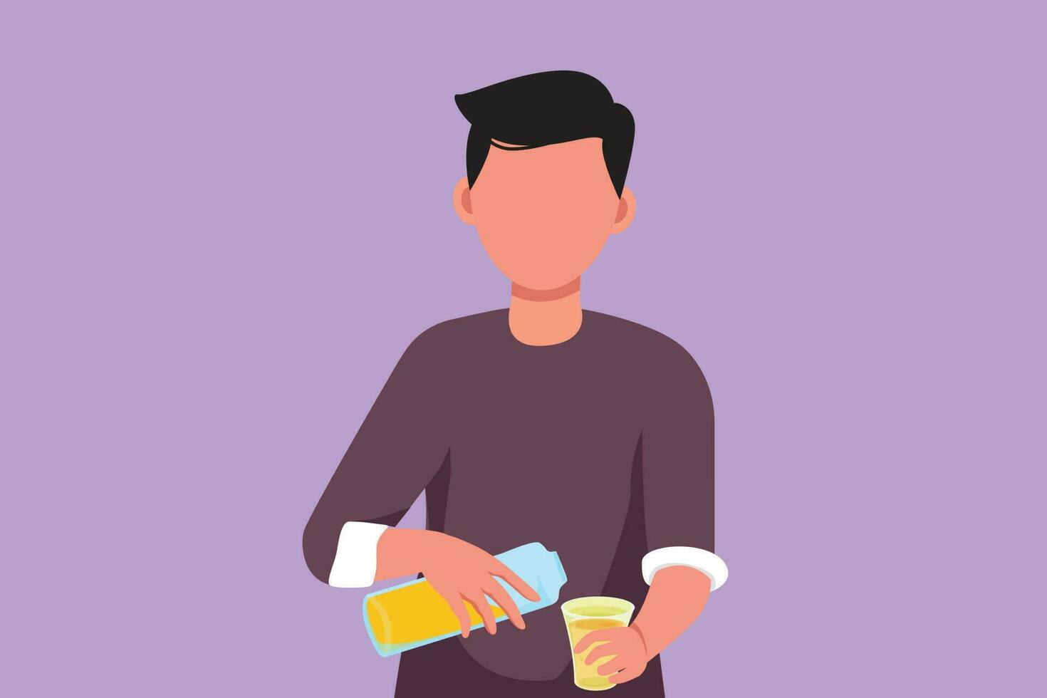 Cartoon flat style drawing active young man pouring orange juice into glass from bottle while having breakfast at home. Healthy male feels thirsty in summer season. Graphic design vector illustration