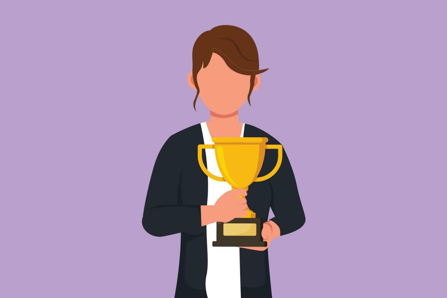 Character flat drawing happy businesswoman in formal blazer holding golden trophy with both hand in front of her chest. Winning business competition or achievement. Cartoon design vector illustration