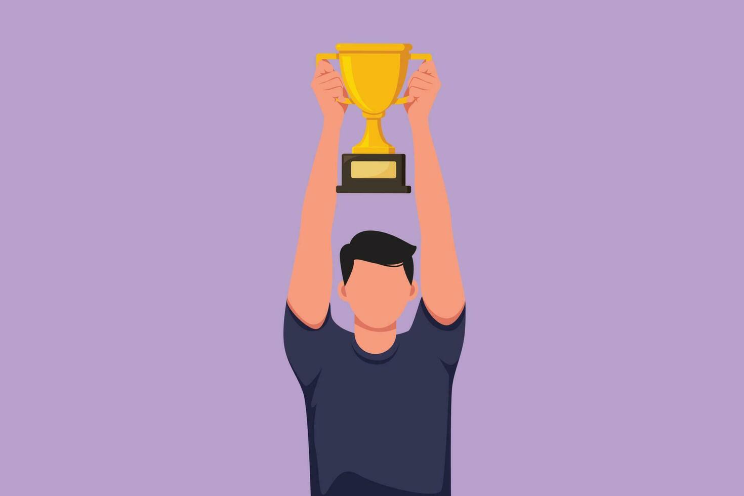 Cartoon flat style drawing male athlete wearing sport jersey lifting gold trophy with both hands. Happy man celebrating victory of national competition championship. Graphic design vector illustration