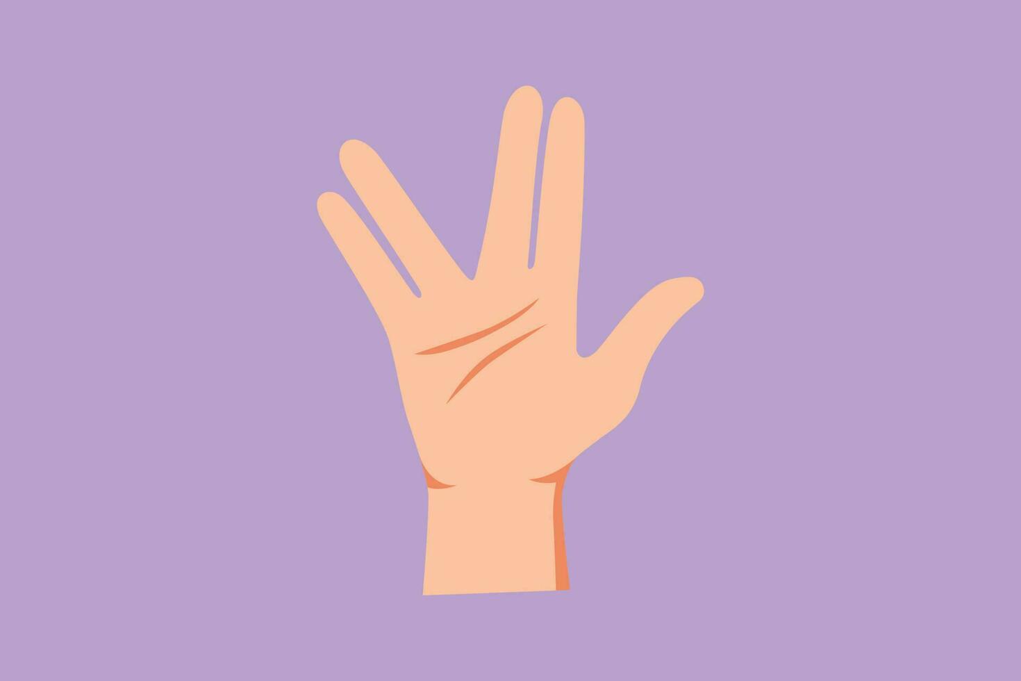 Graphic flat design drawing raised hand with the palm forward and the thumb extended, while the fingers are parted between middle and ring finger on blue background. Cartoon style vector illustration