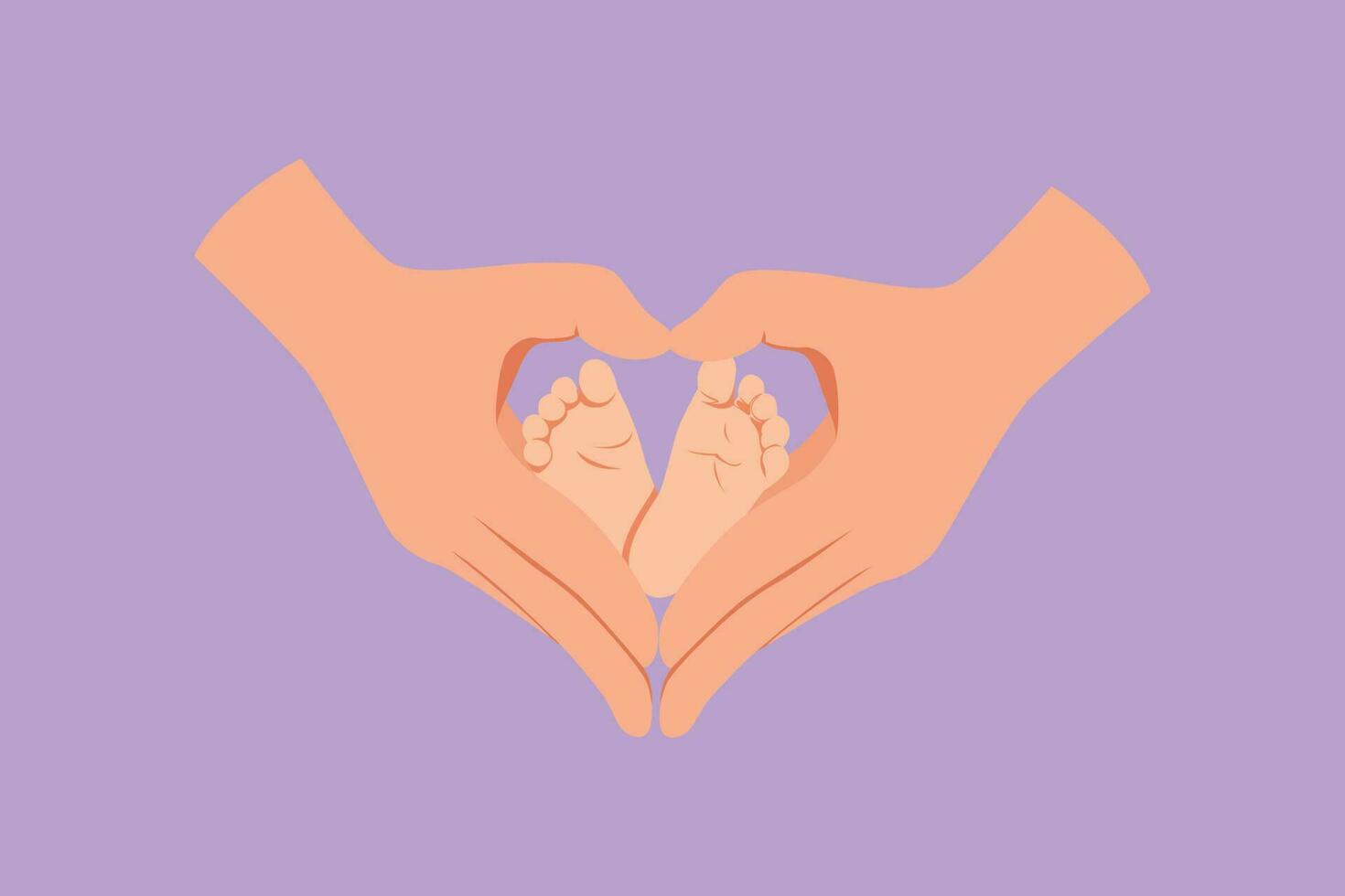 Character flat drawing adorable babies foot hold by father hand finger making love shape. Beautiful sleeping baby girl. Newborn baby girl. Happy family with newborn. Cartoon design vector illustration