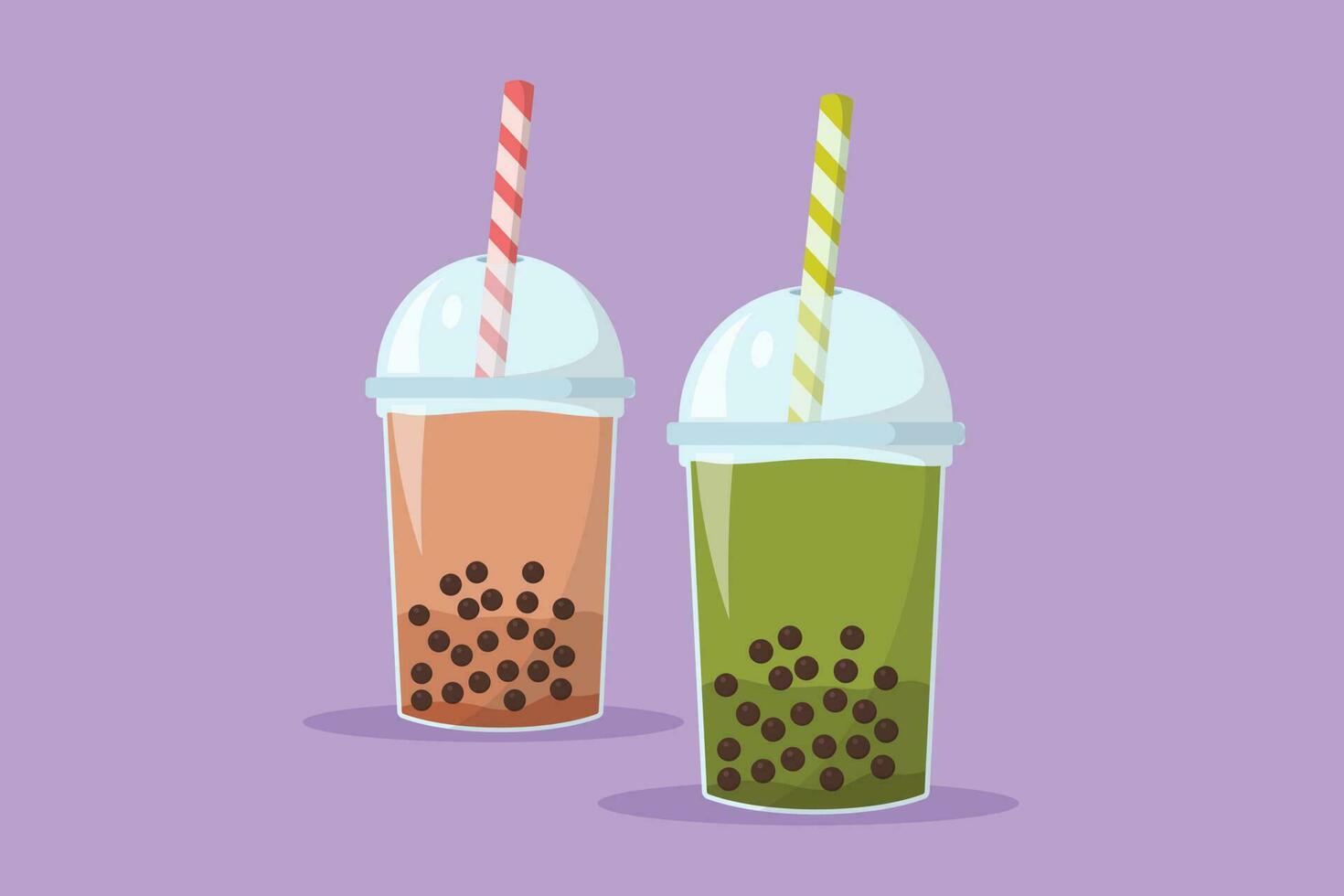 Cartoon flat style drawing two plastic cup of famous Taiwanese sweet bubble tea. Take away glass with sticker of pearl milk tea. Street Asian drinks at night market. Graphic design vector illustration