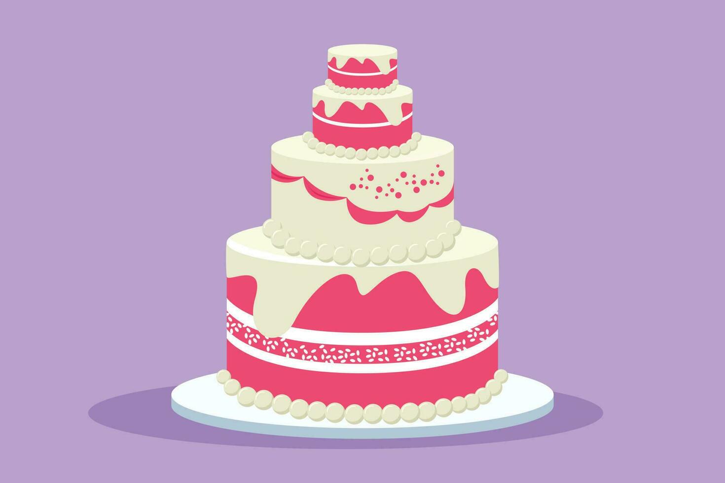 Graphic flat design drawing of stylized pilled anniversary or wedding cake with cherry fruit topping art. Pastry confectionery concept for cake shop or food delivery. Cartoon style vector illustration