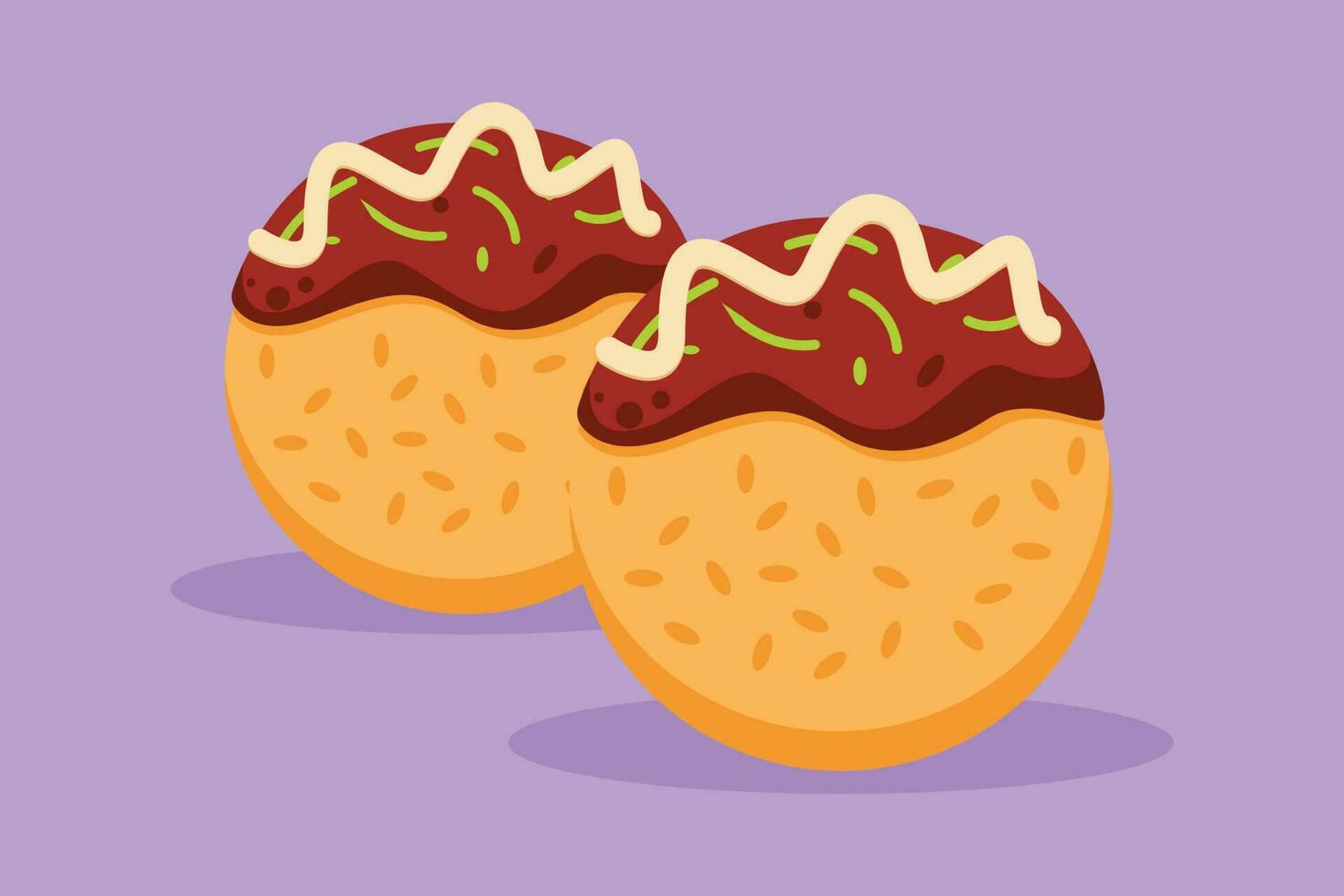 Graphic flat design drawing of fresh Japanese takoyaki ball logo. Seafood cafe menu and restaurant badge concept. Street food logotype, label, flyer, sticker, symbol. Cartoon style vector illustration