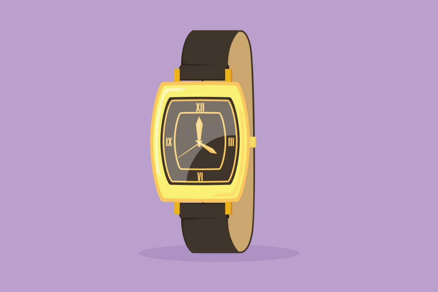 Cartoon flat style drawing hand wrist watches design with leather bracelet and metal gold dial. Analog wristwatch. Arm clocks, watch with strap. Time accessory logo. Graphic design vector illustration