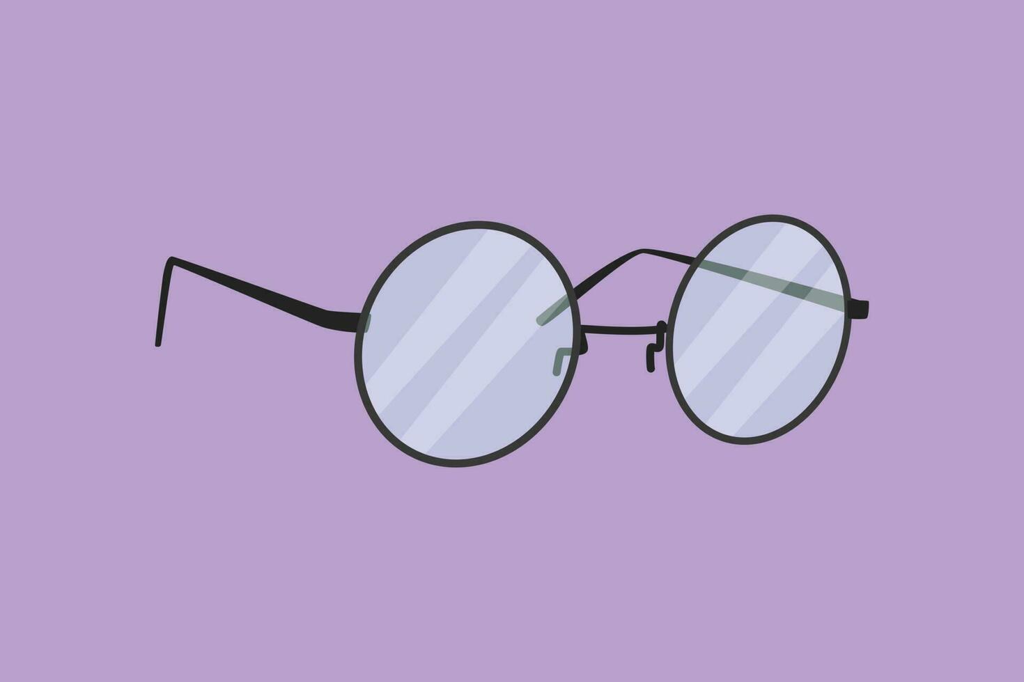 Graphic flat design drawing vintage or retro glasses with circle frame logo. Round black rimmed glasses. Side of myopia glasses, round frame, with black glasses legs. Cartoon style vector illustration