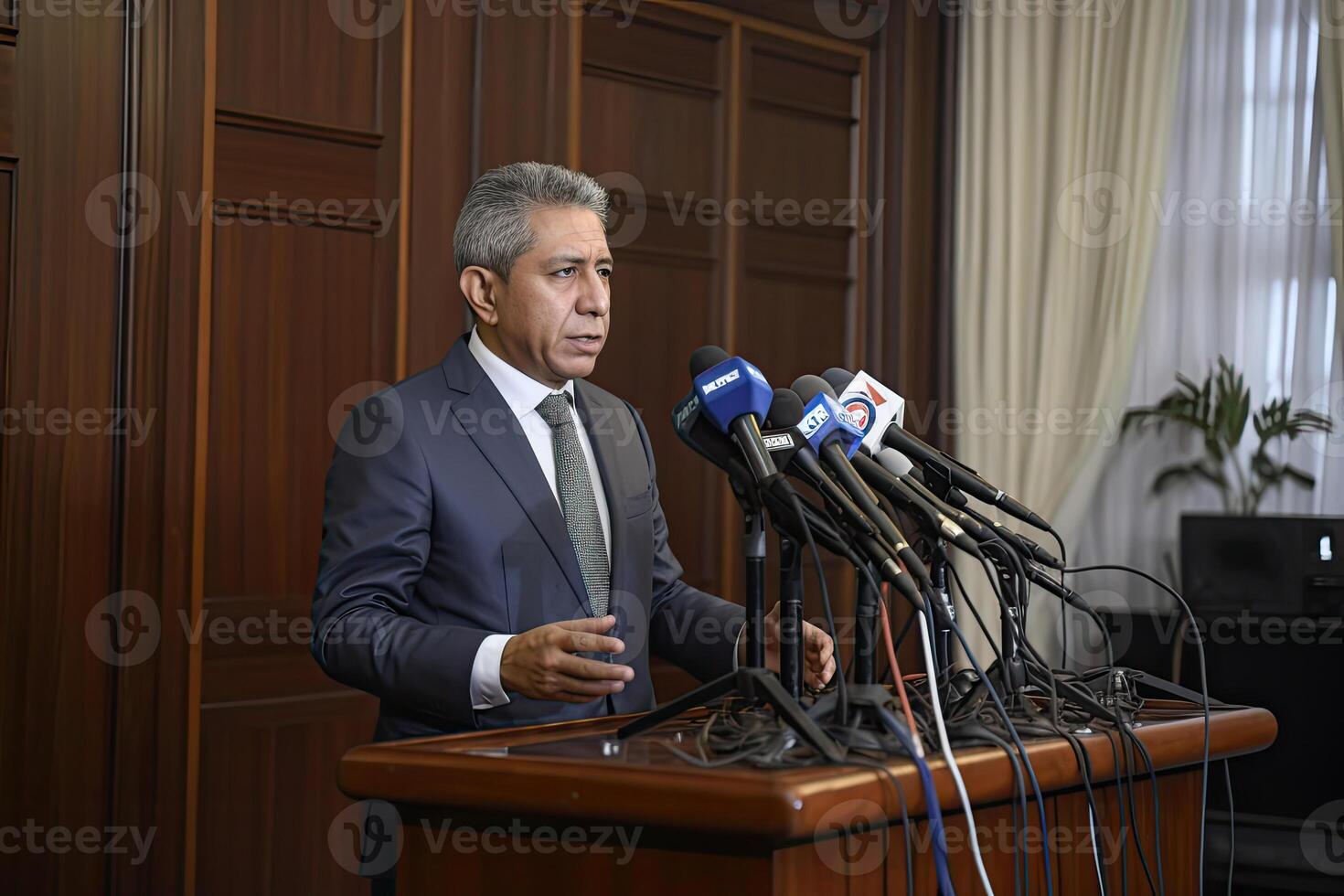 Politician giving speech at press conference. photo