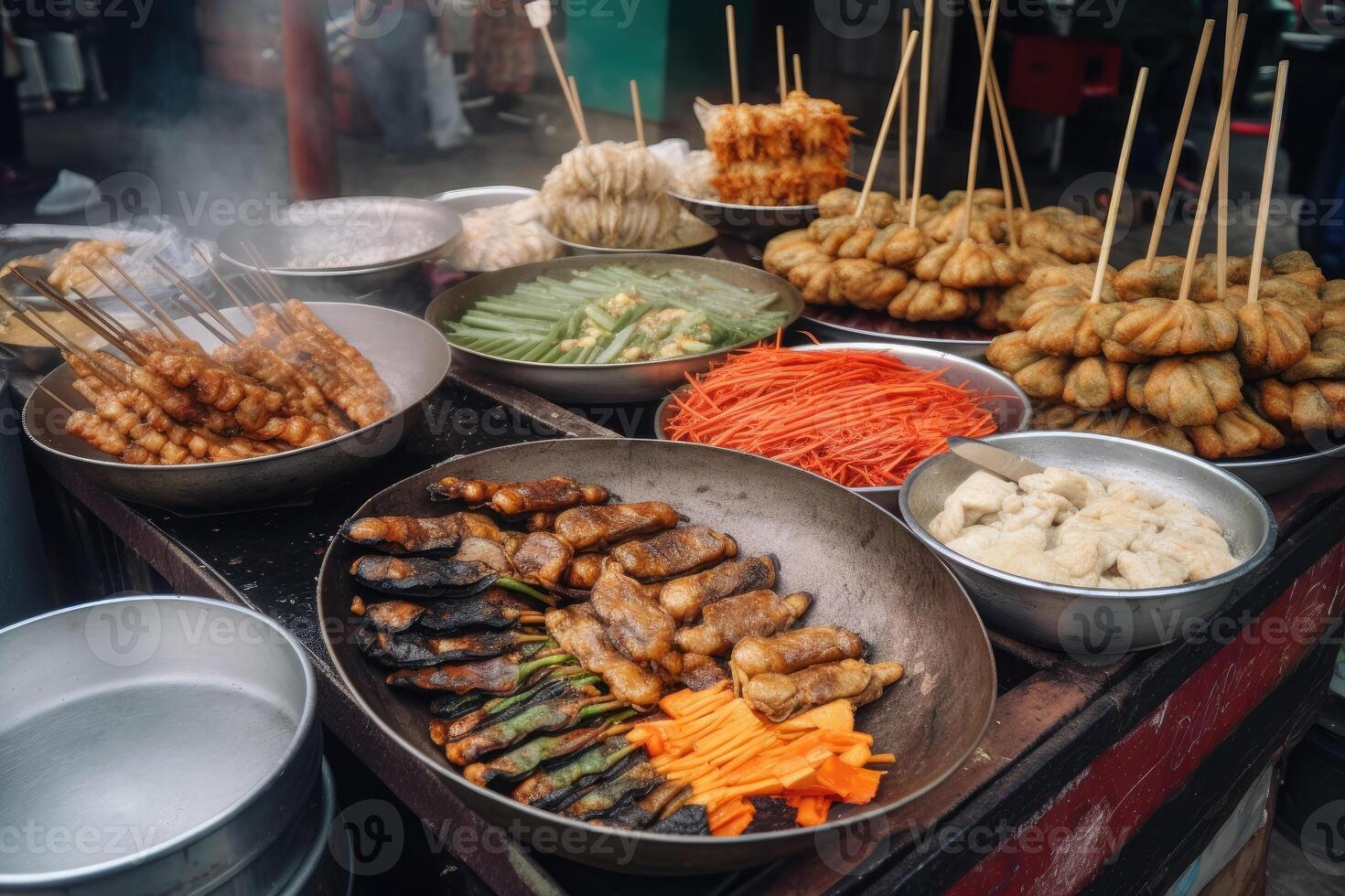 asiático calle alimento. tradicional oriental platos a calle mercado. generativo ai foto