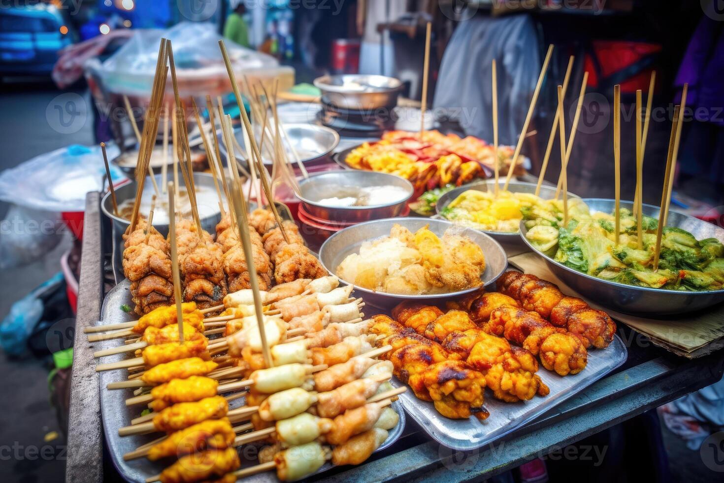 asiático calle alimento. tradicional oriental platos a calle mercado. generativo ai foto