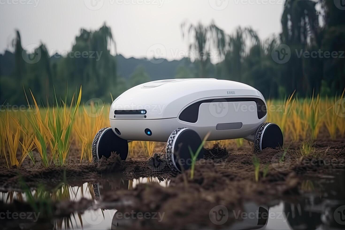 Unmanned robot working in agricultural field. photo