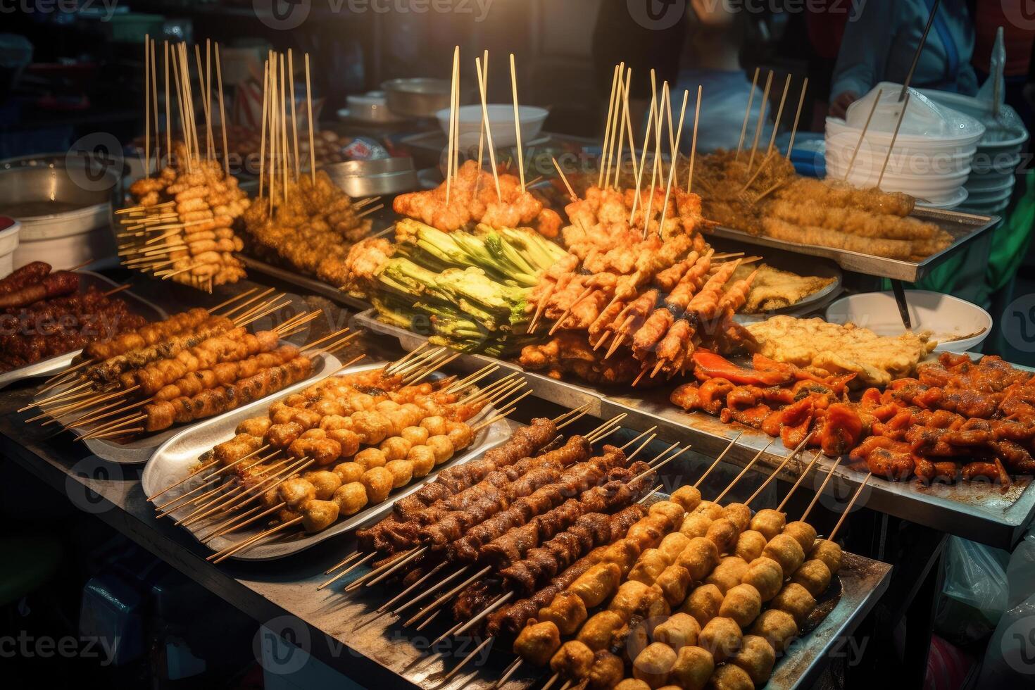 Asian street food. Traditional oriental dishes at street market. photo