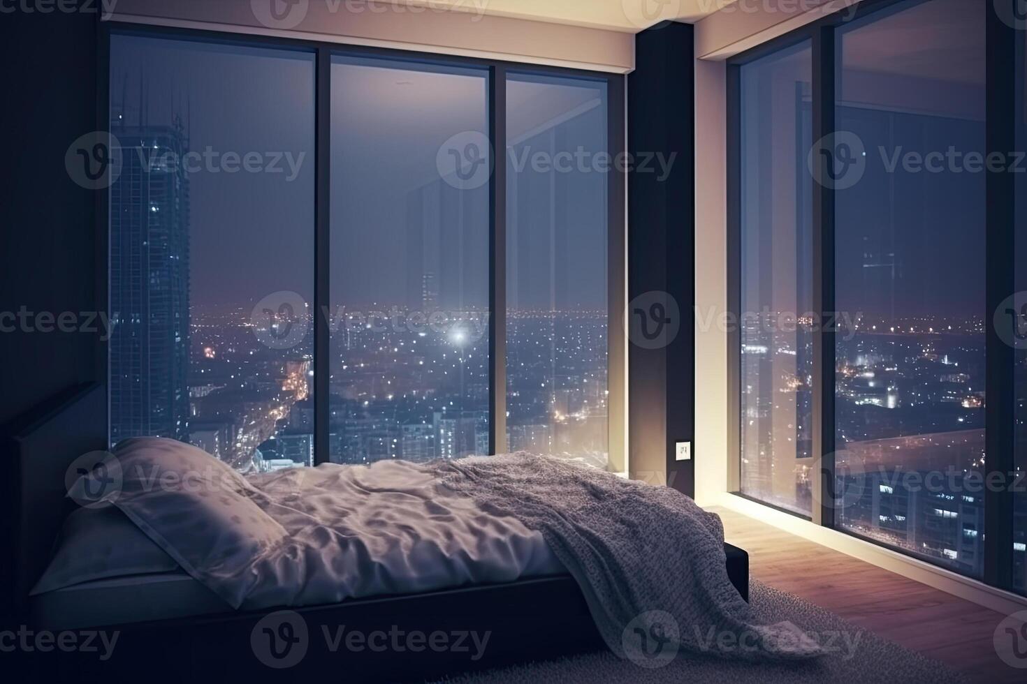 Large bed in living room with night city view in window. photo