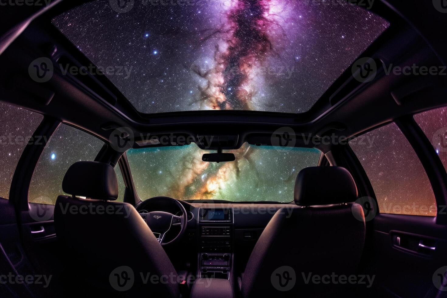 Car interior with space galaxy background. photo