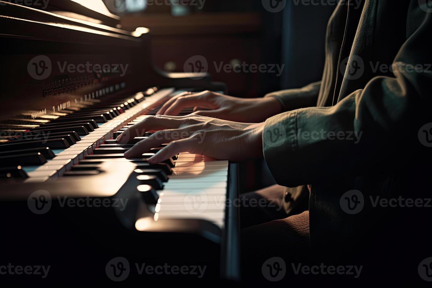 músico manos en piano teclado. clásico música instrumento. generativo ai foto