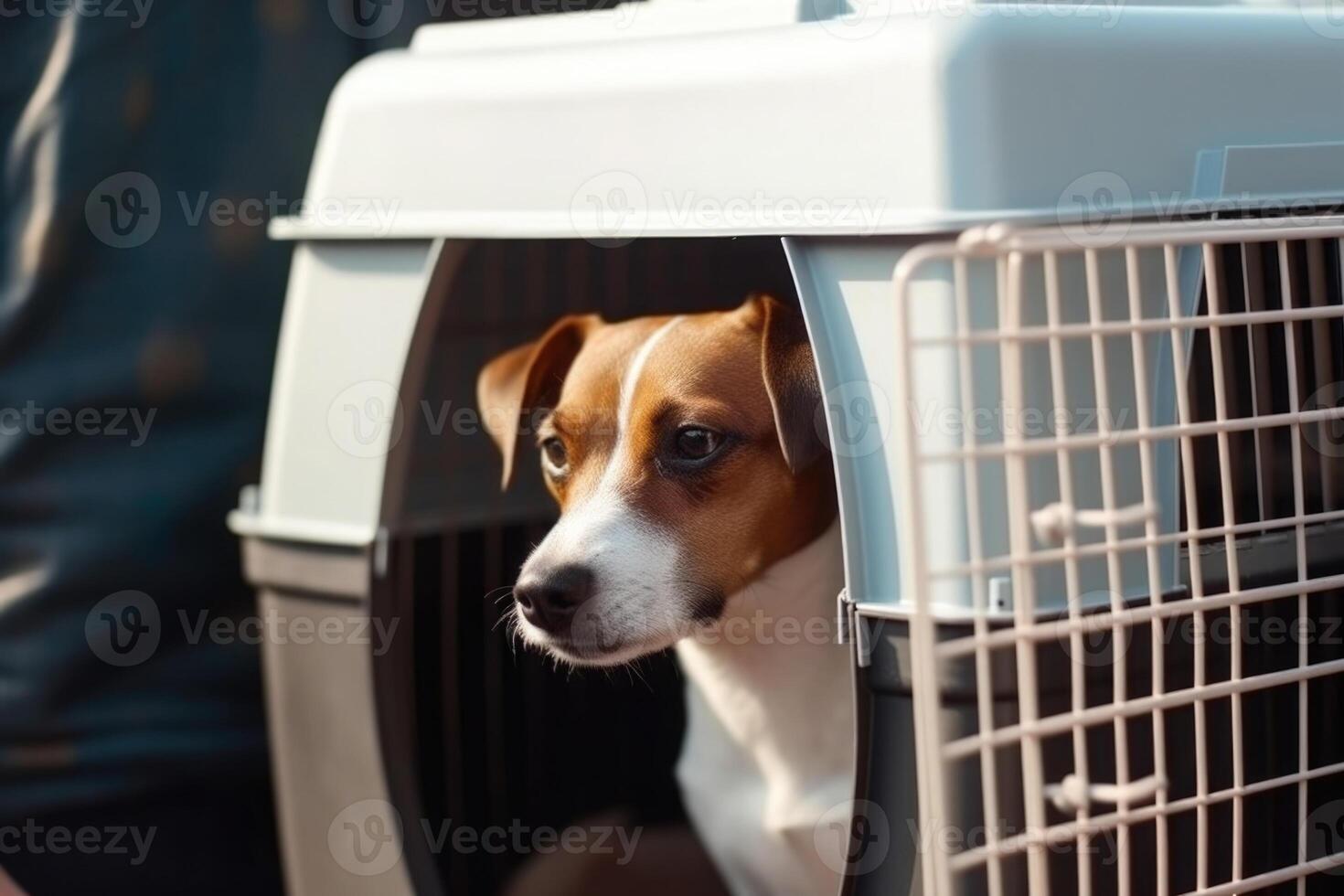 Dog in carrier cage. Travelling with pet. photo