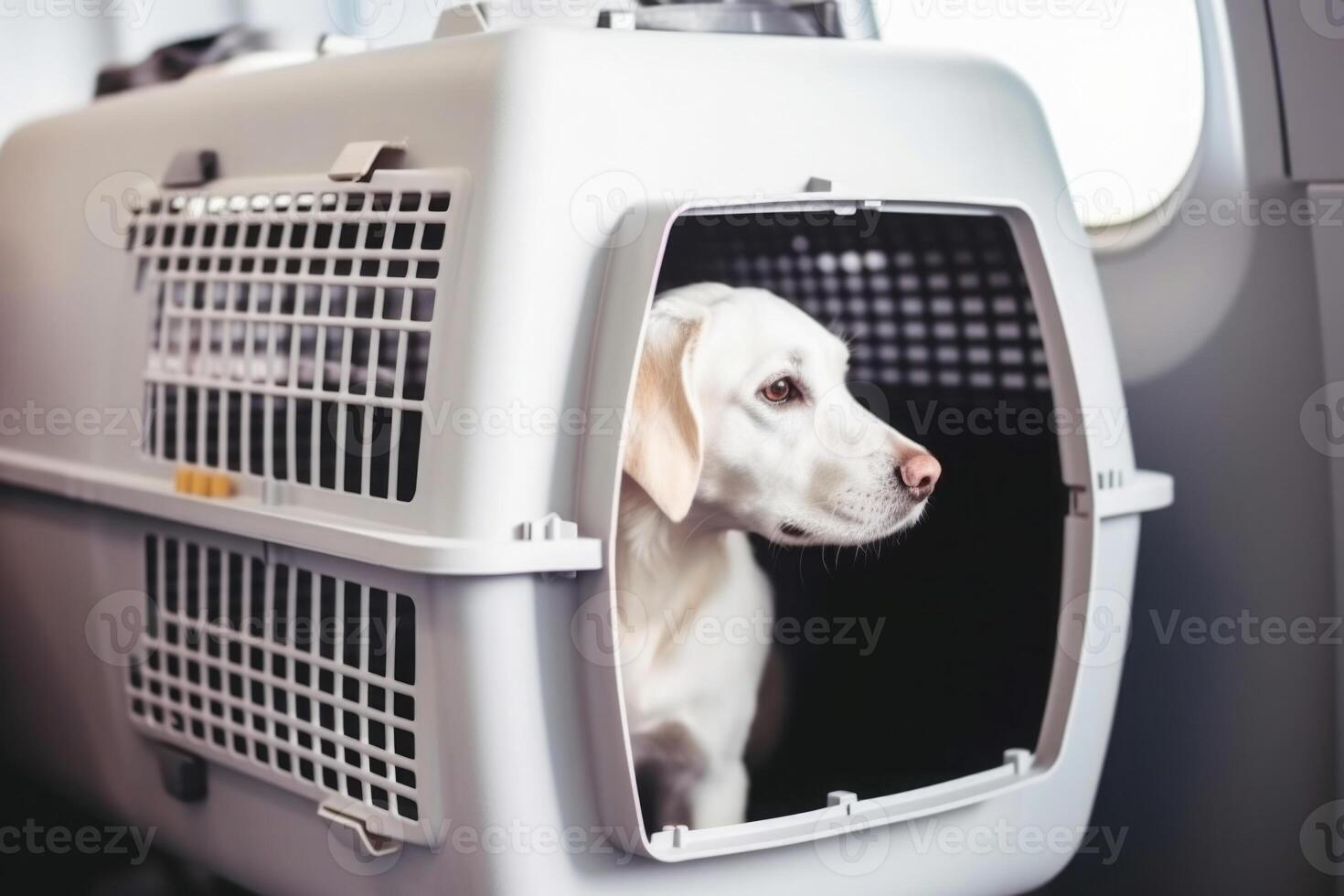 Dog in carrier cage. Travelling with pet. photo