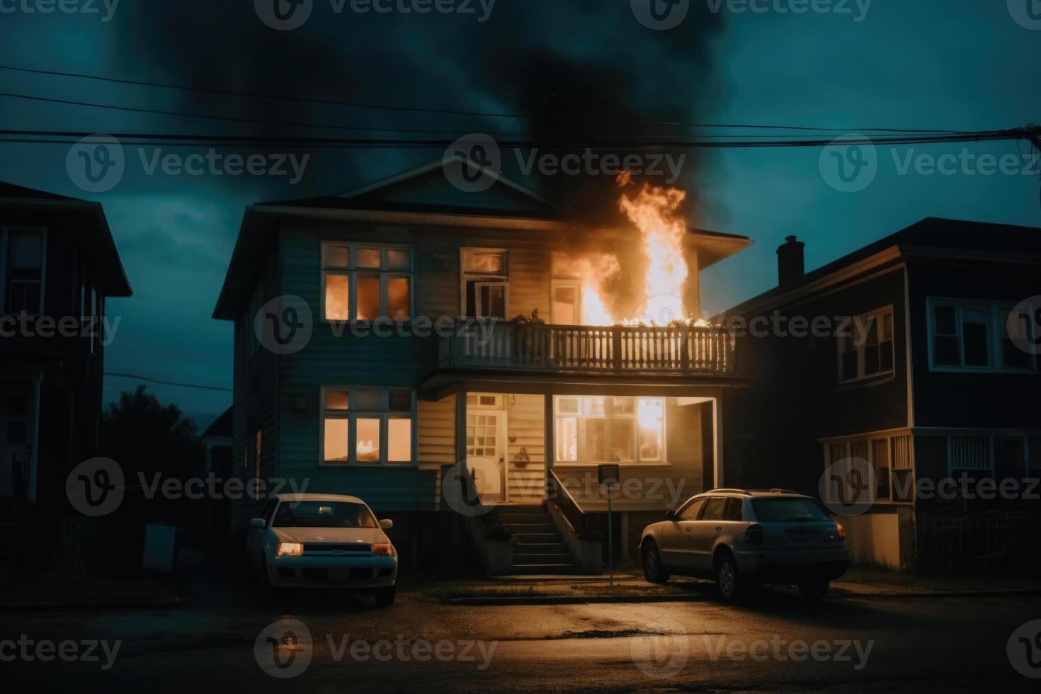 Burning house in the night. Residential house in fire. photo