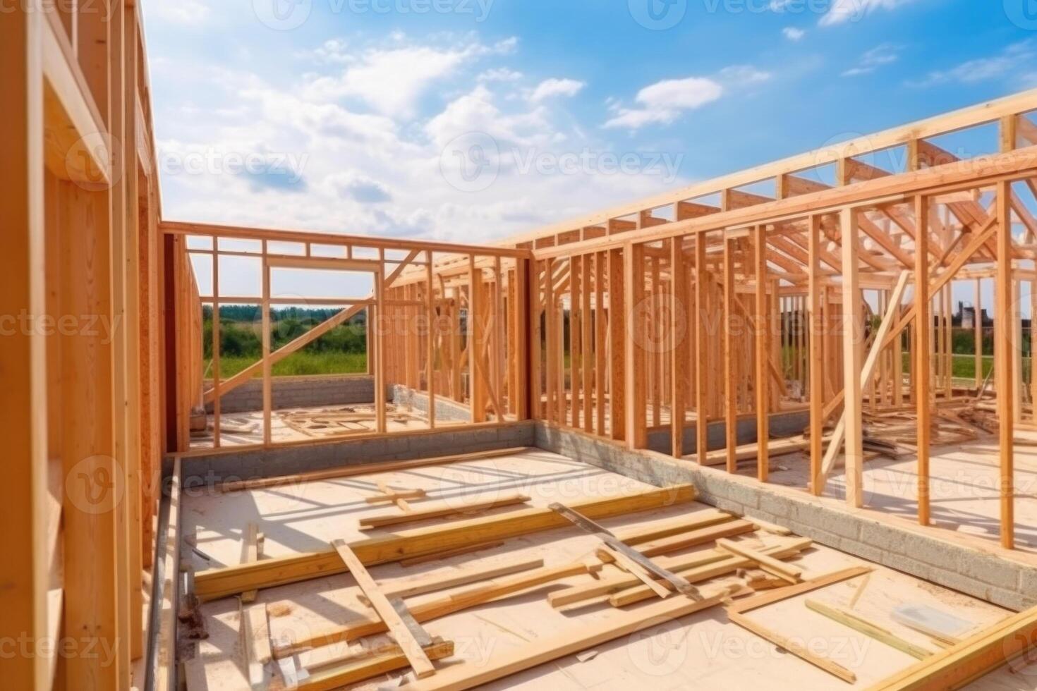 New house construction. Wooden frame with truss, post and beams. photo