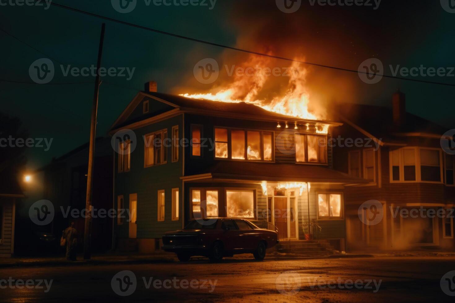 Burning house in the night. Residential house in fire. photo