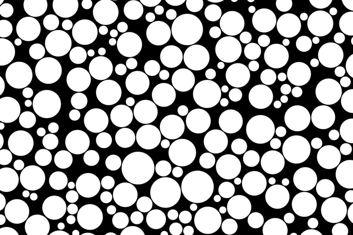 Vector background of white random size circles on black backdrop. Chaotic circle pattern grunge texture.
