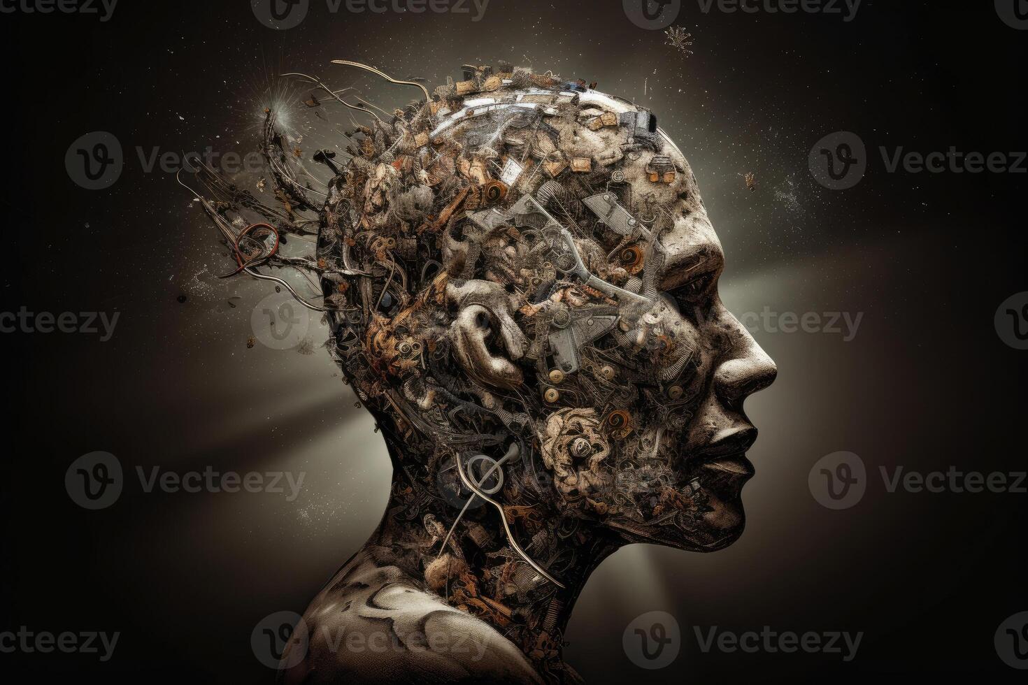 Silhouette of man head with gear mechanism in brain. photo