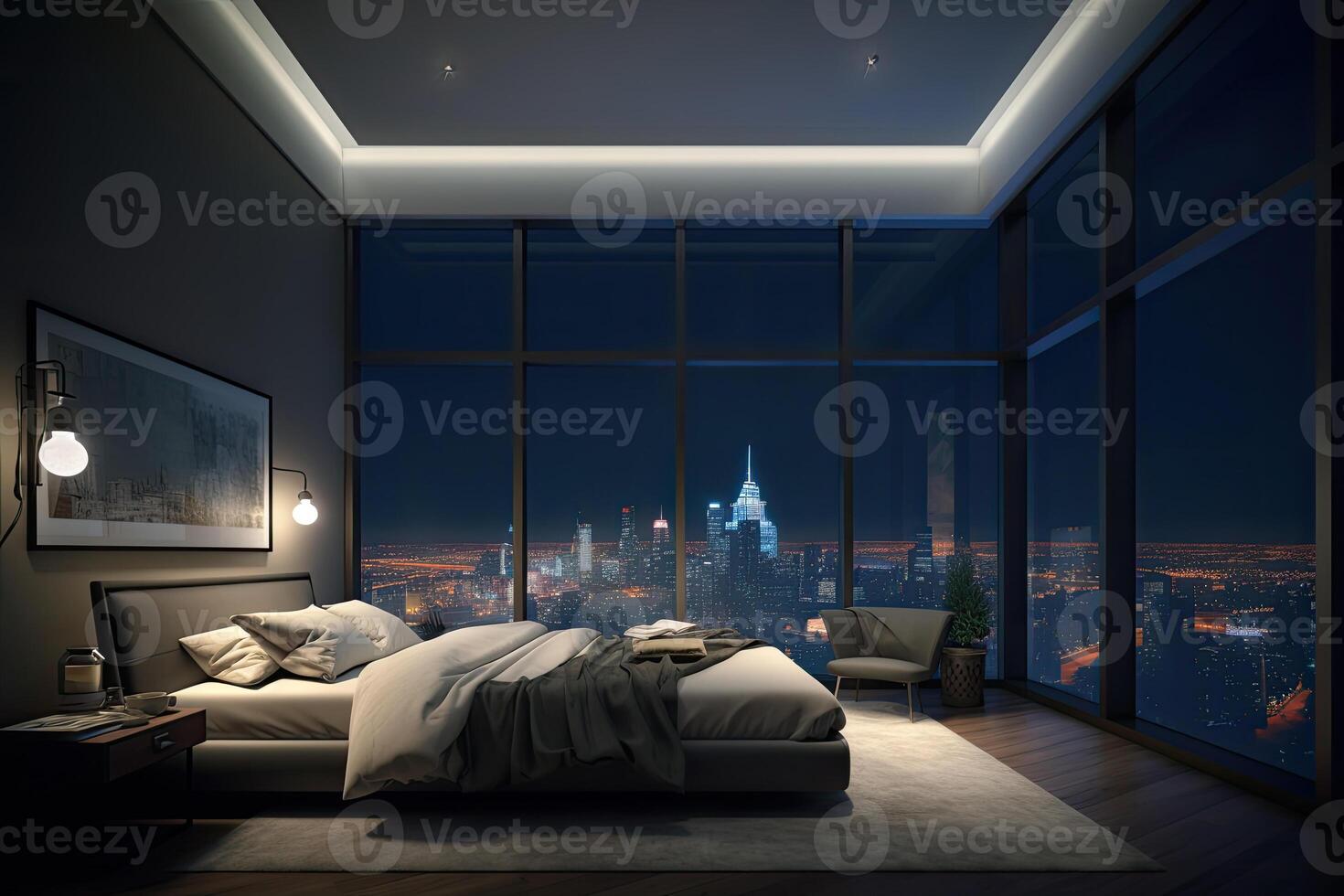 Large bed in living room with night city view in window. photo