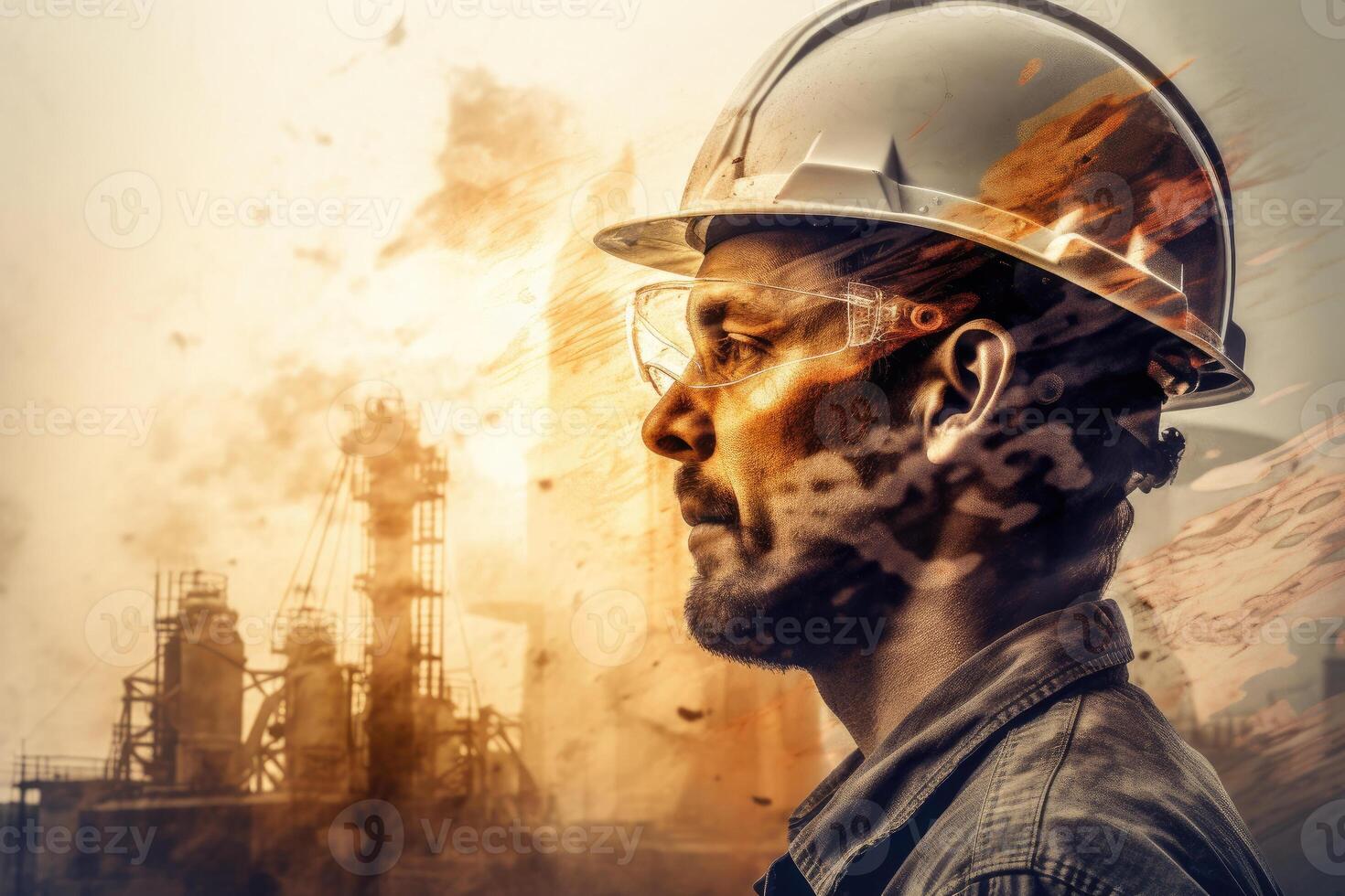 Silhouette of industrial worker with oil refinery plant as background. photo