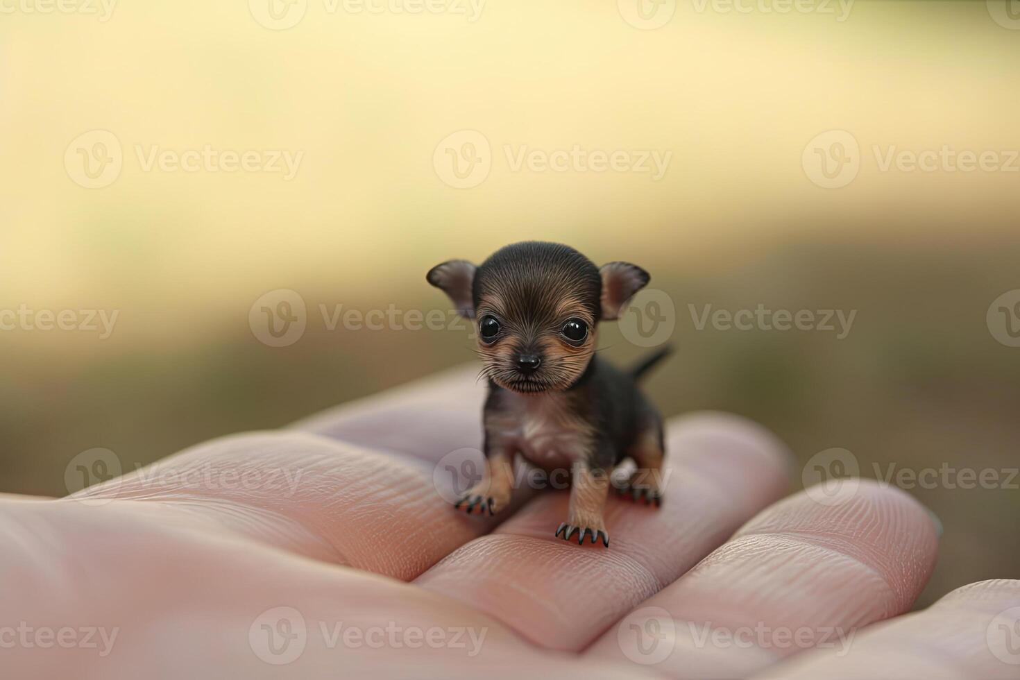 Small dog sitting on owner palm. photo