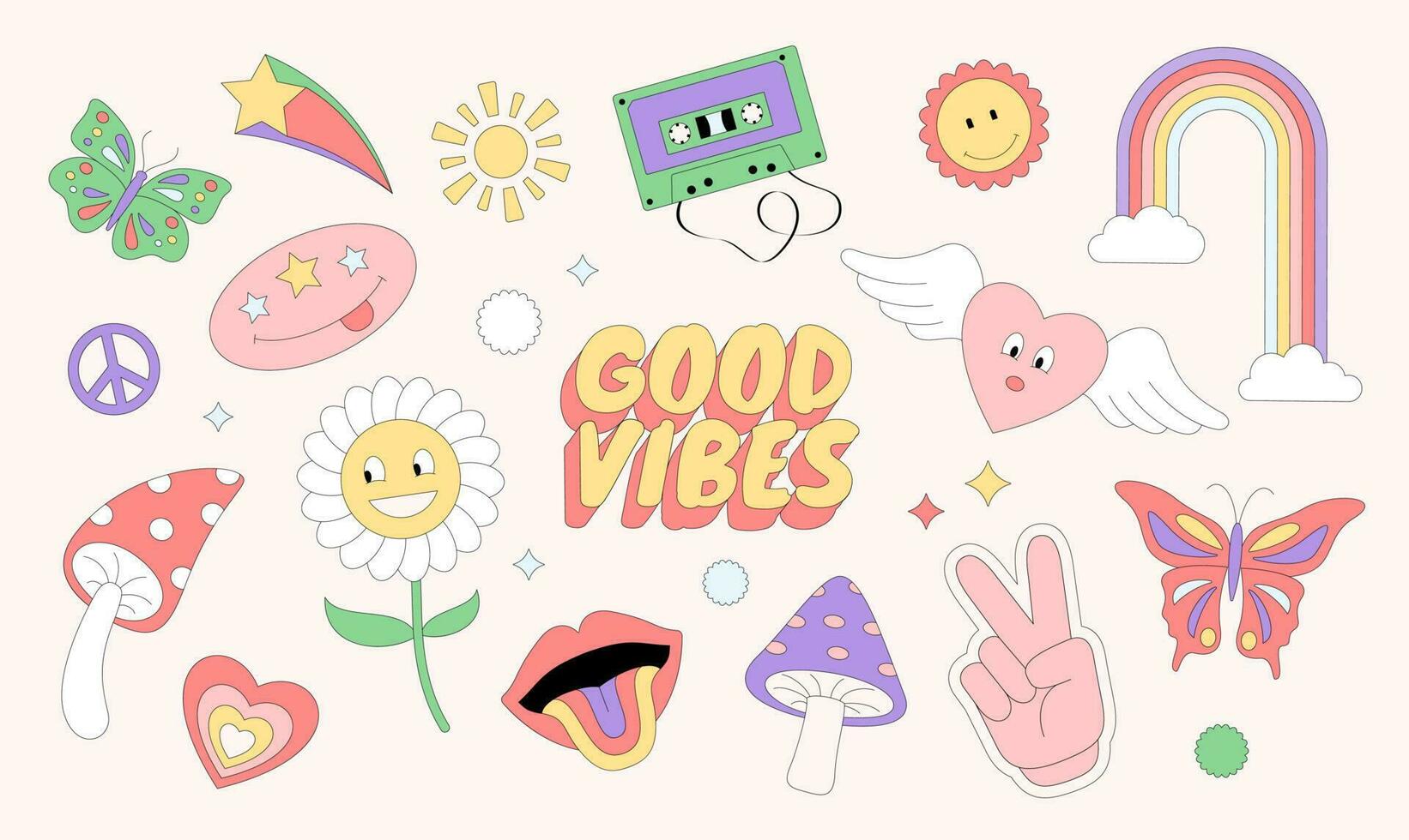 Set of 70s Style Objects and Elements vector