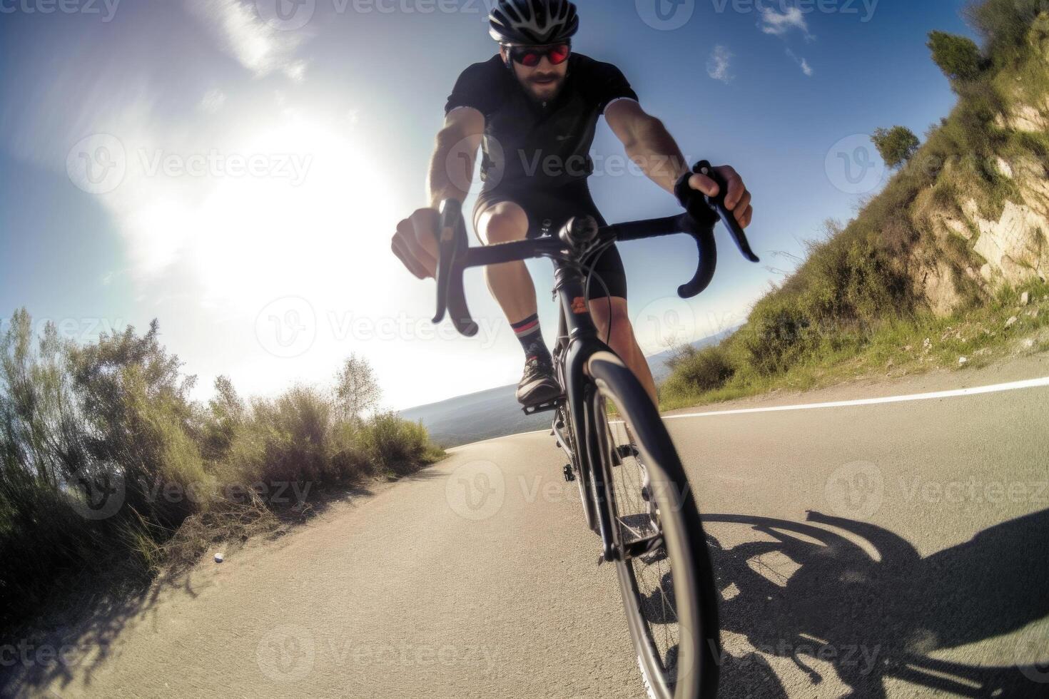 Professional cyclist in protective helmet trains on road. photo