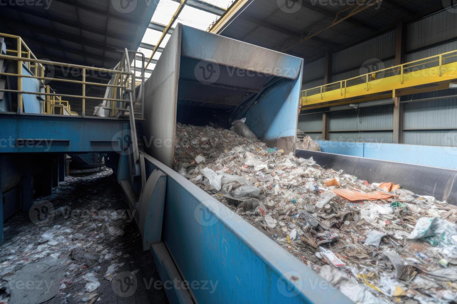 Conveyor belt with pile of waste at recycling plant. photo