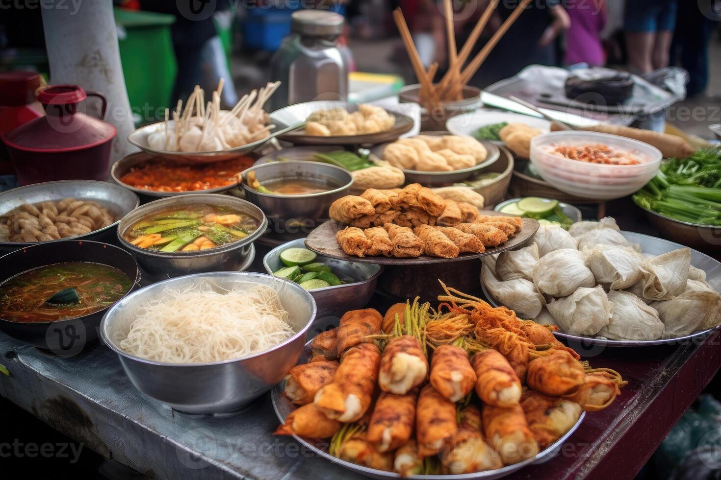 Asian street food. Traditional oriental dishes at street market. photo