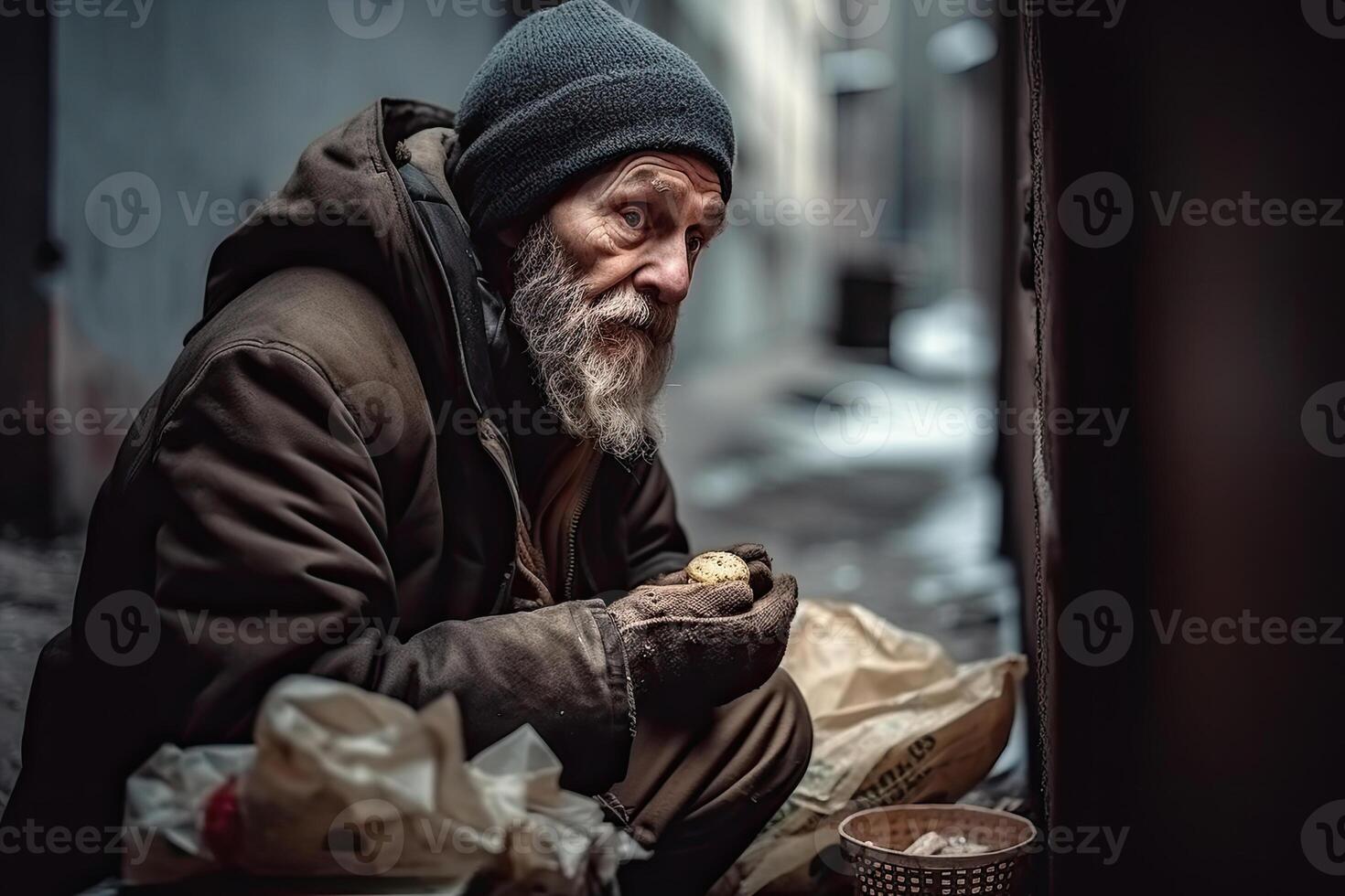 Vagabundo hombre retrato. Envejecido barbado hombre. generativo ai foto