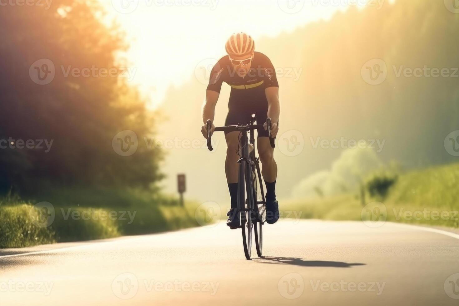 Professional cyclist in protective helmet trains on road. photo