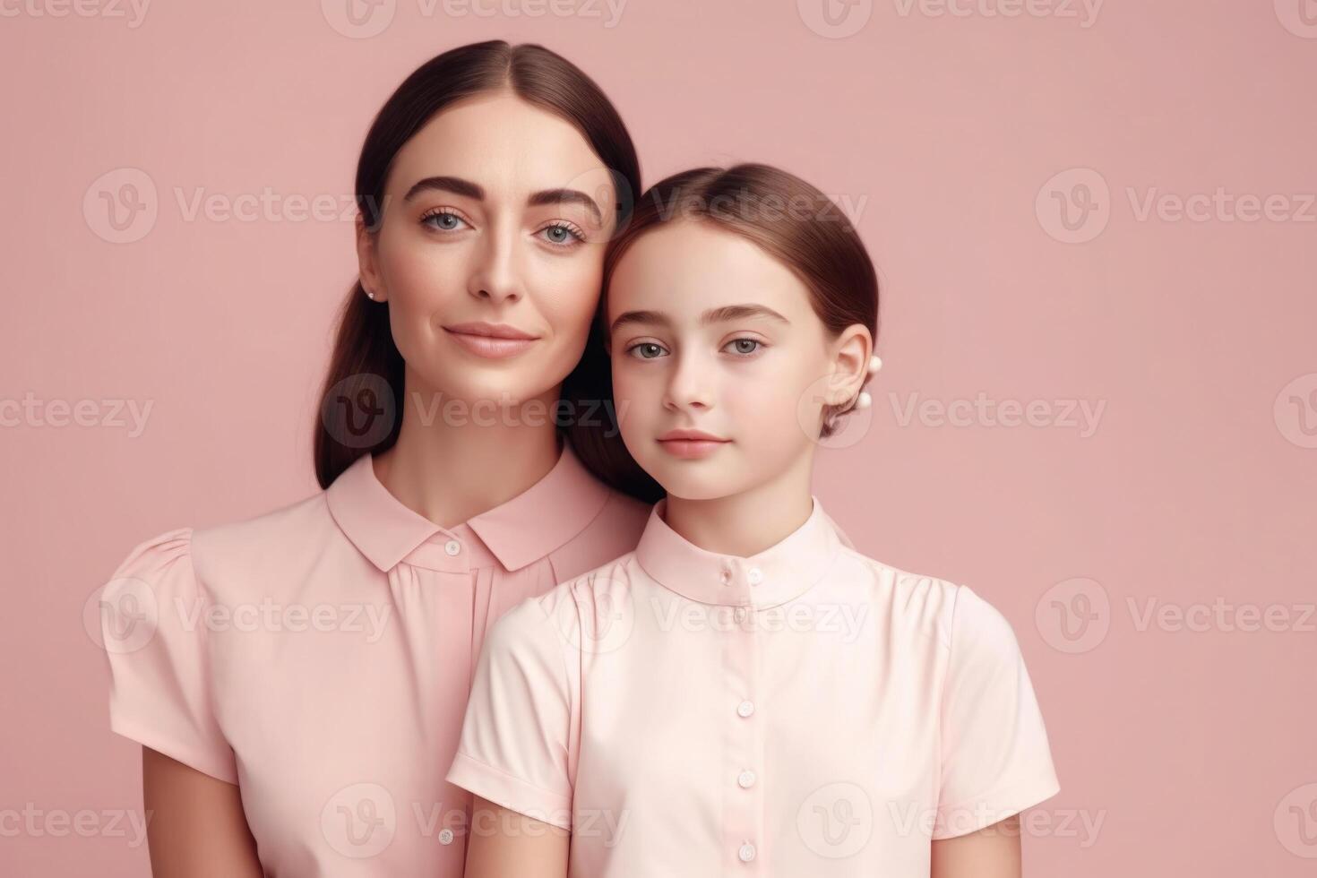 Mother and daughter portrait on pink background. photo