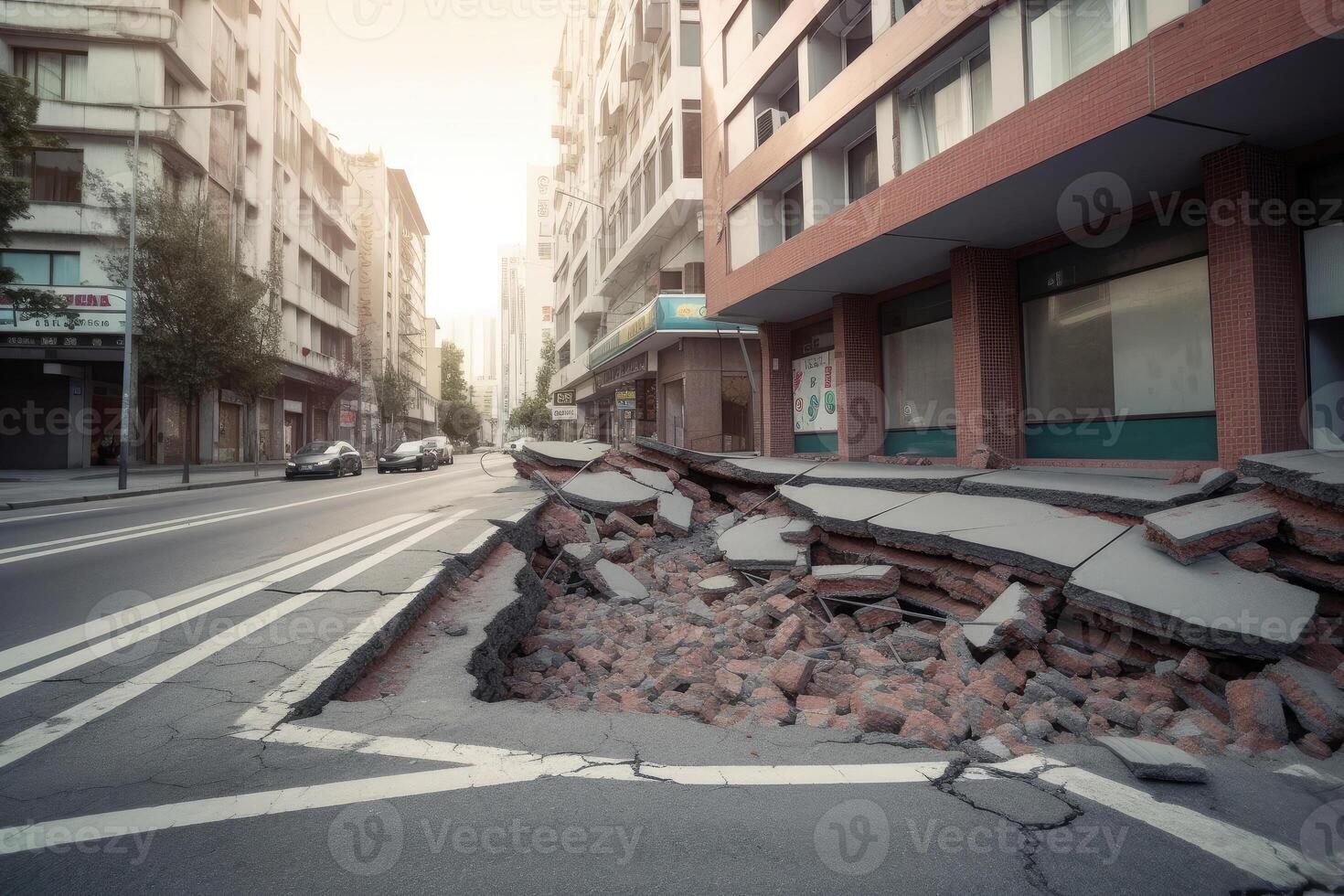 City street with destructed asphalt road after disaster. photo