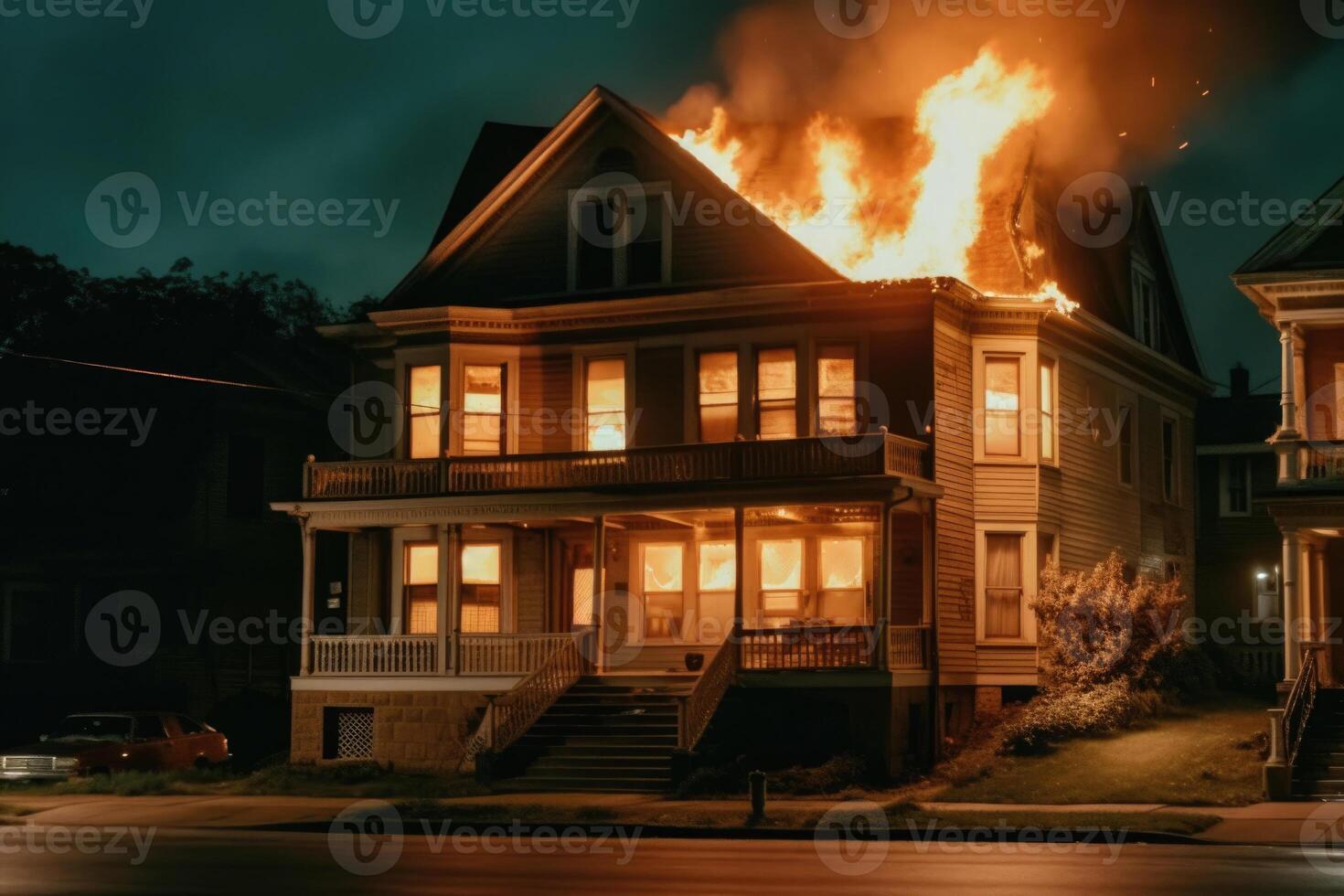Burning house in the night. Residential house in fire. photo