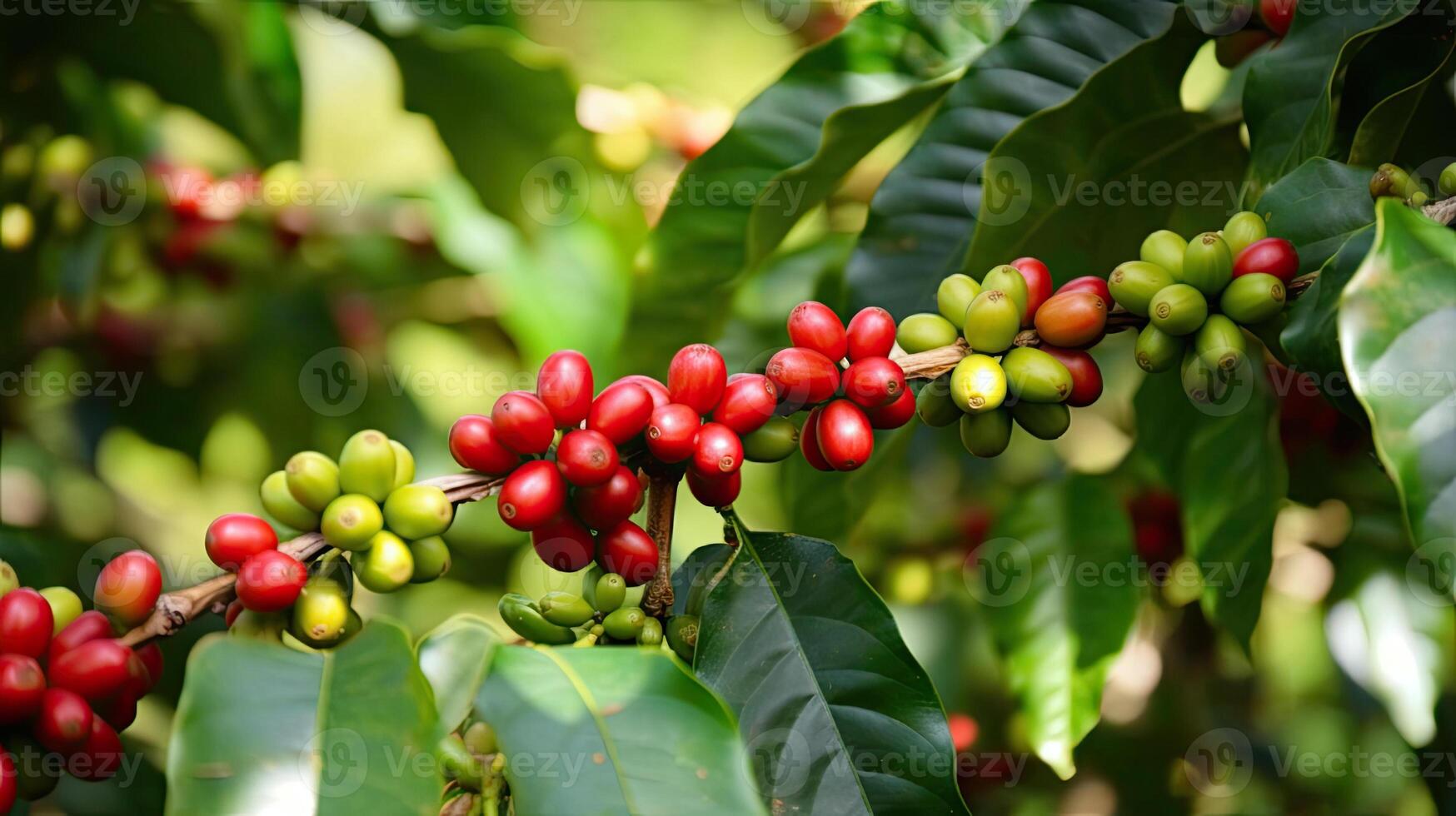 Coffee tree with red coffee beans on coffee plantation. photo