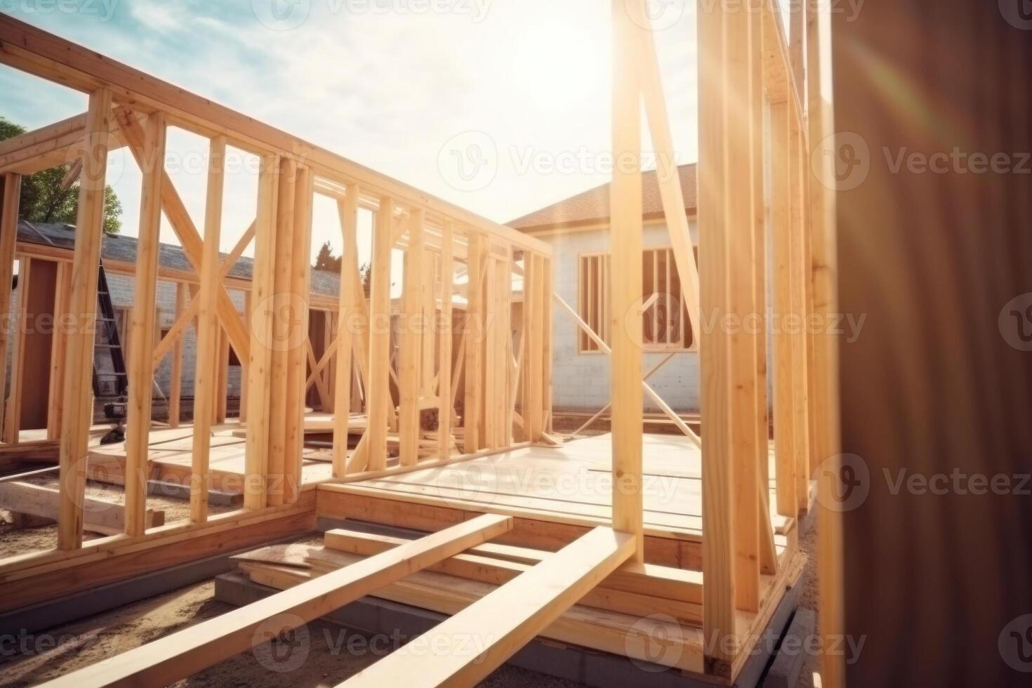 New house construction. Wooden frame with truss, post and beams. photo