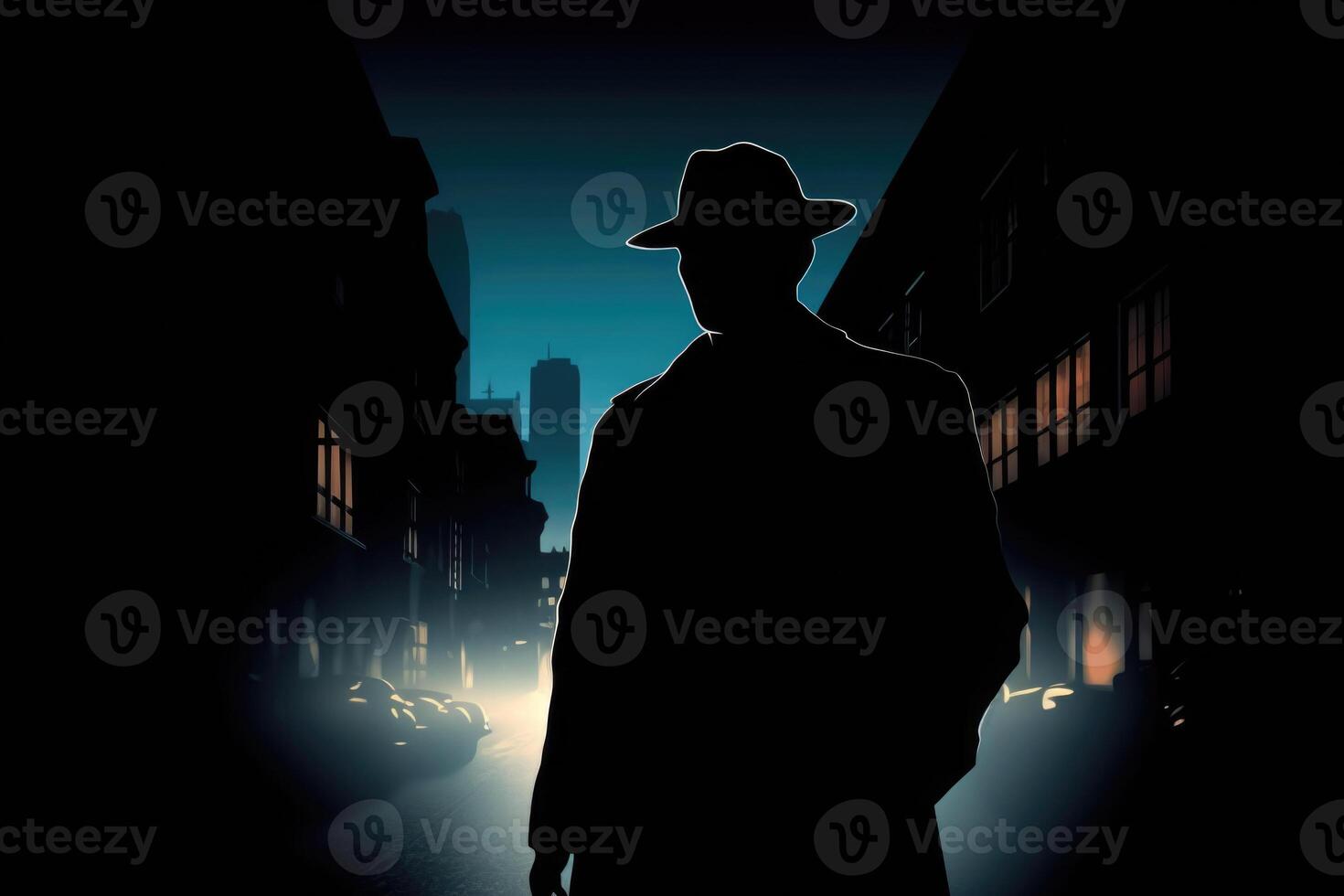 Silhouette of man in old fashioned hat and coat at night street. photo