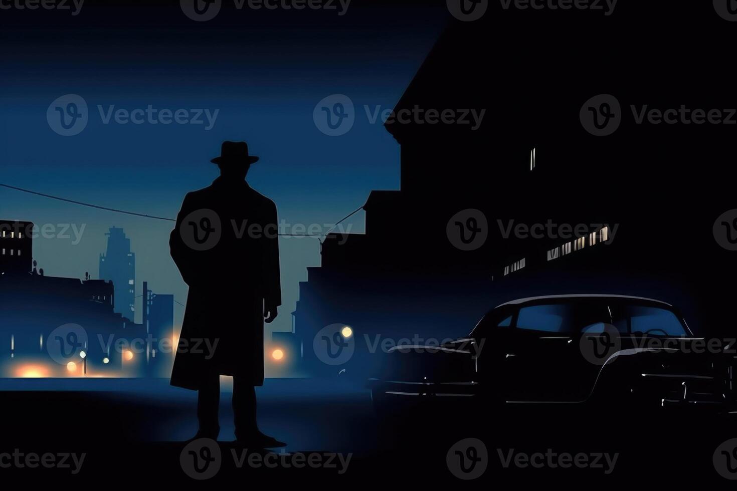 Silhouette of man in old fashioned hat and coat at night street. photo