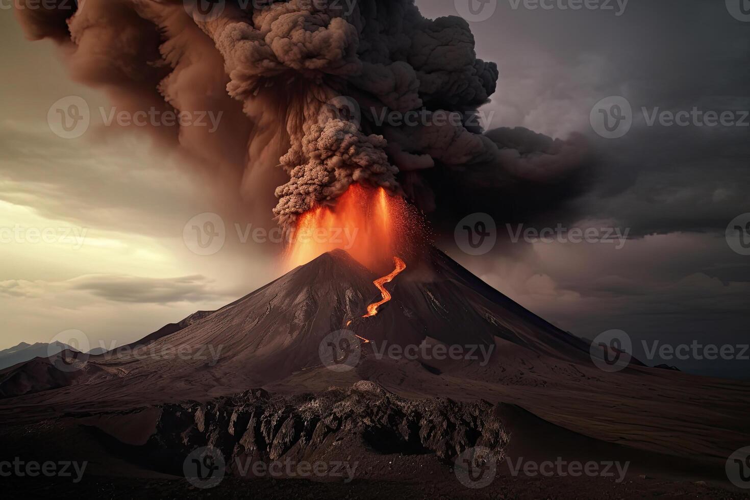 volcán erupción. lava fluye fuera de el volcán cráter. generativo ai foto