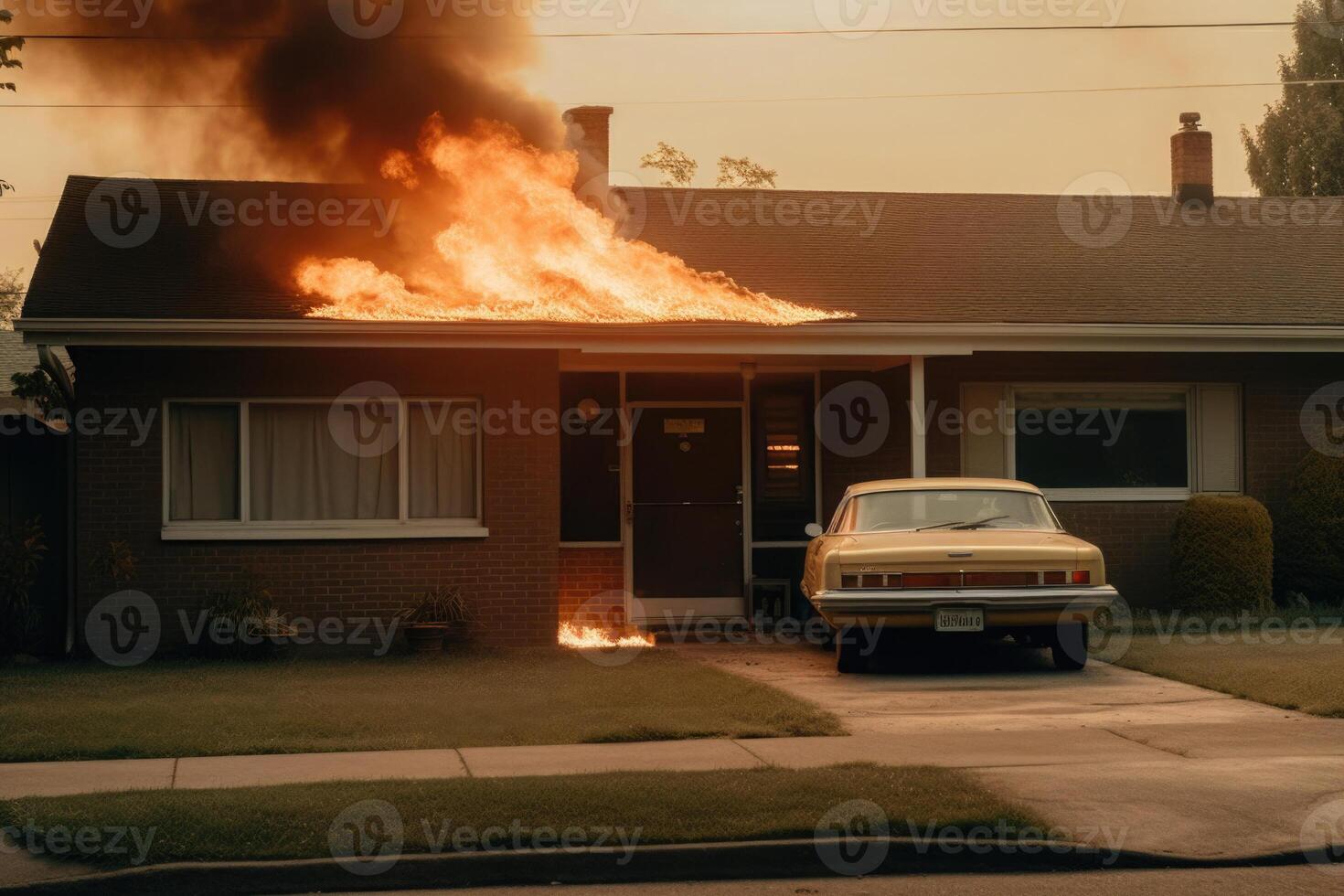 Burning house in suburb. Residential house in fire. photo