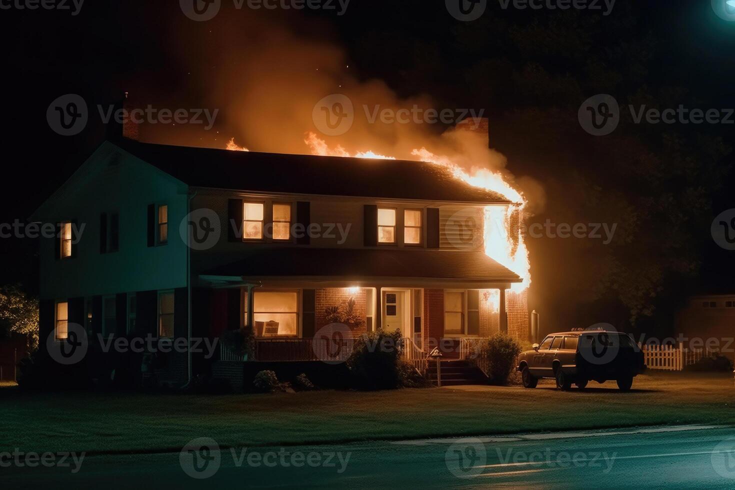 Burning house in the night. Residential house in fire. photo