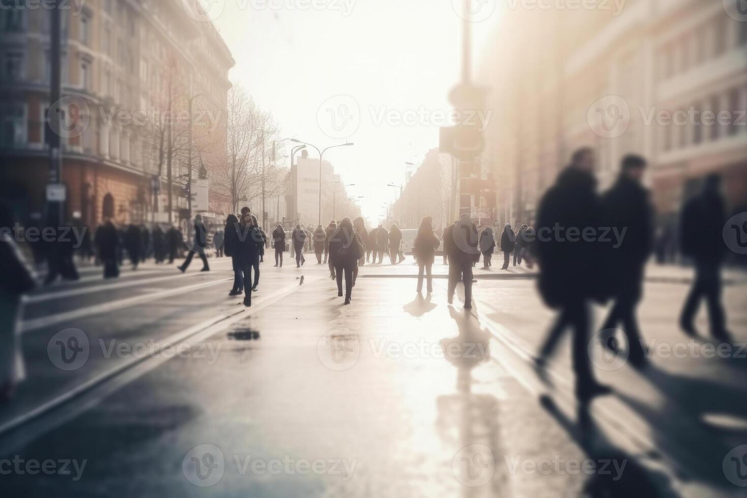 People walking at city street, motion blur effect. photo