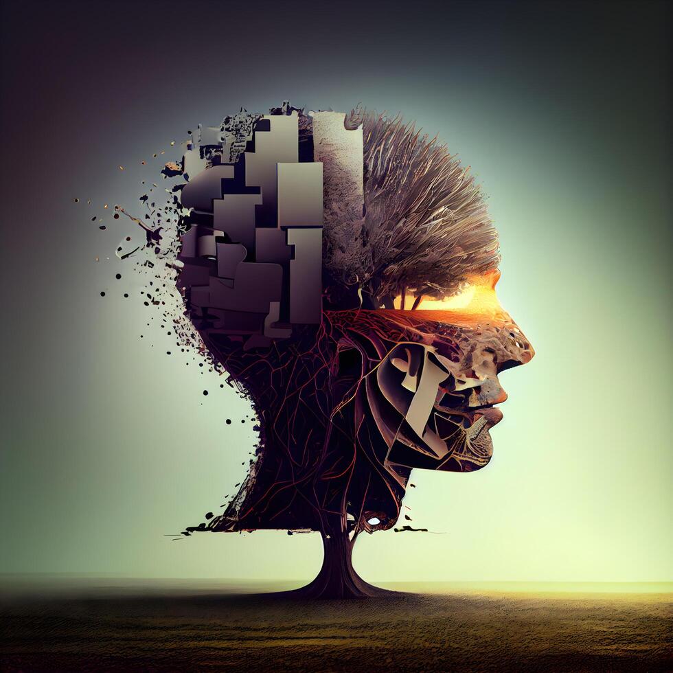 Conceptual image of human head with brain made of 3d elements, Image photo