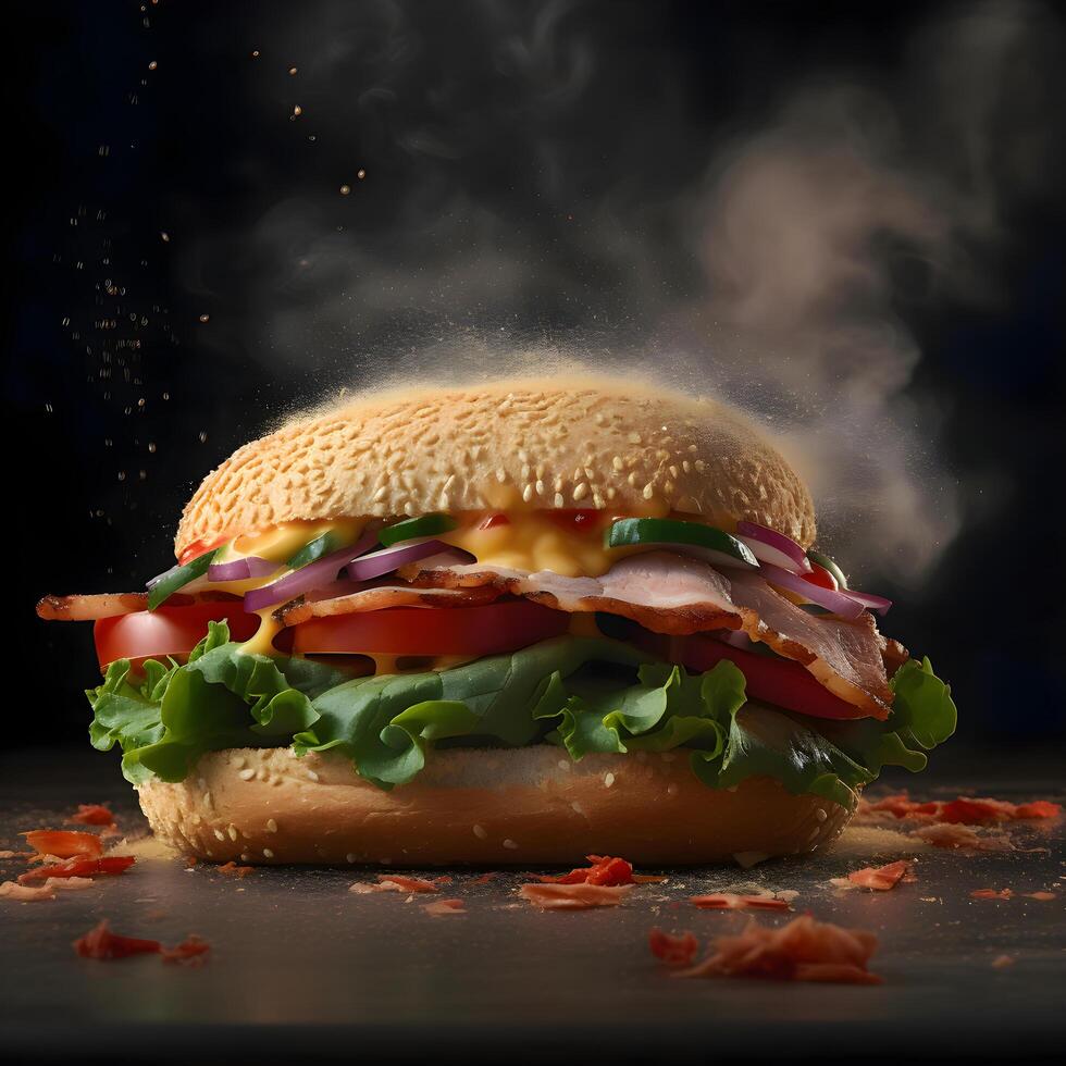 hamburguesa con volador ingredientes en un negro antecedentes. rápido comida concepto., ai generativo imagen foto