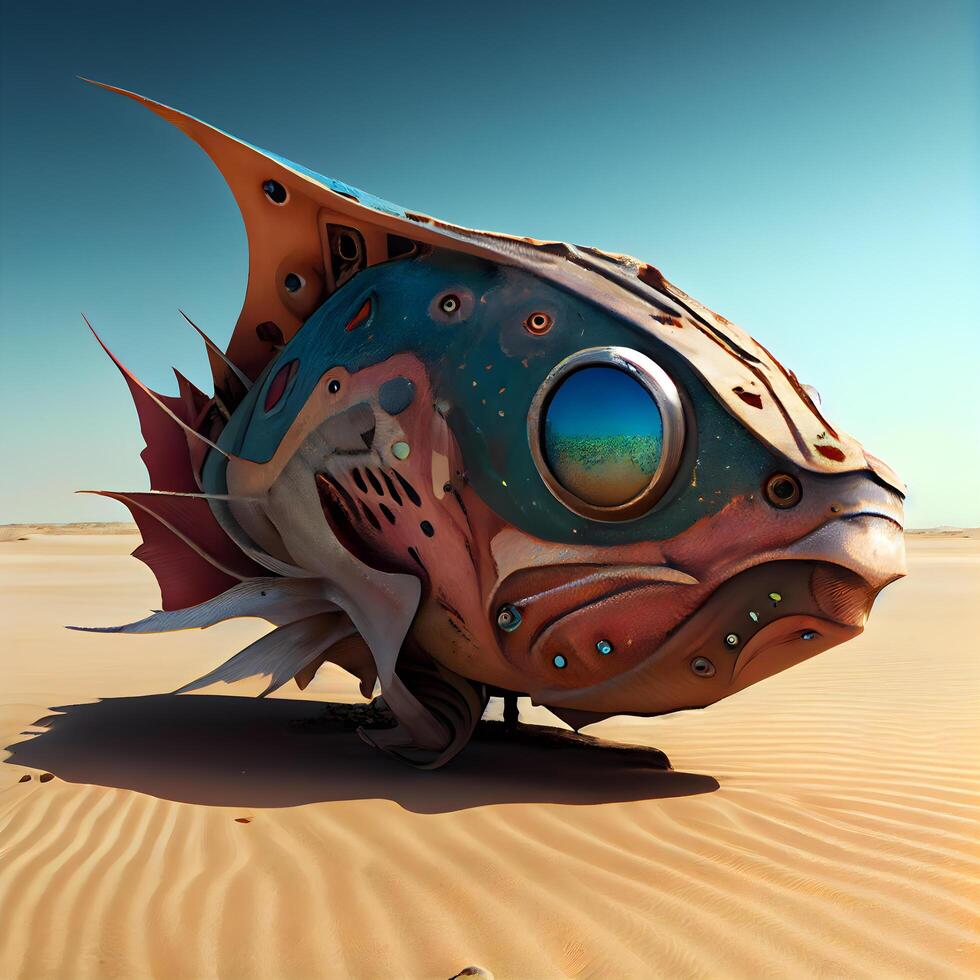 3D illustration of a giant fish in the desert with blue sky, Image photo