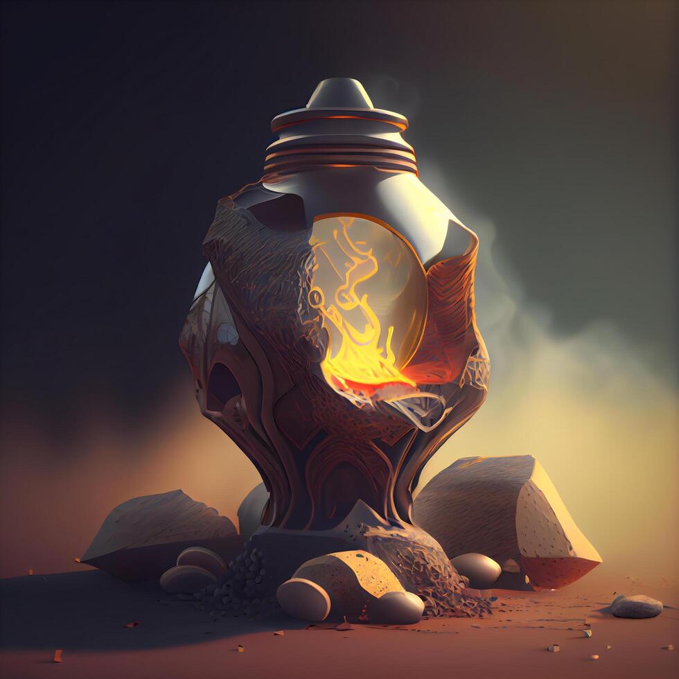 Lantern with burning candle in the desert. 3D rendering, Image photo