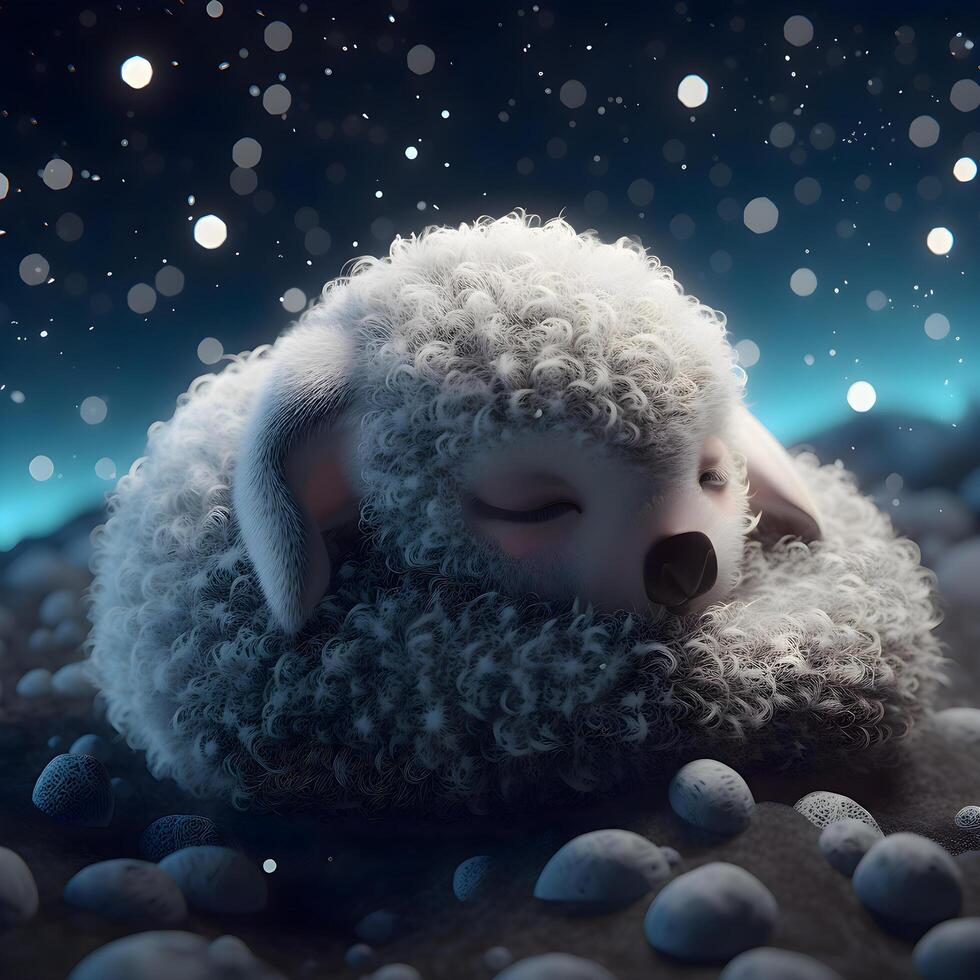 oveja dormido en el nieve. 3d ilustración. Navidad fondo., ai generativo imagen foto